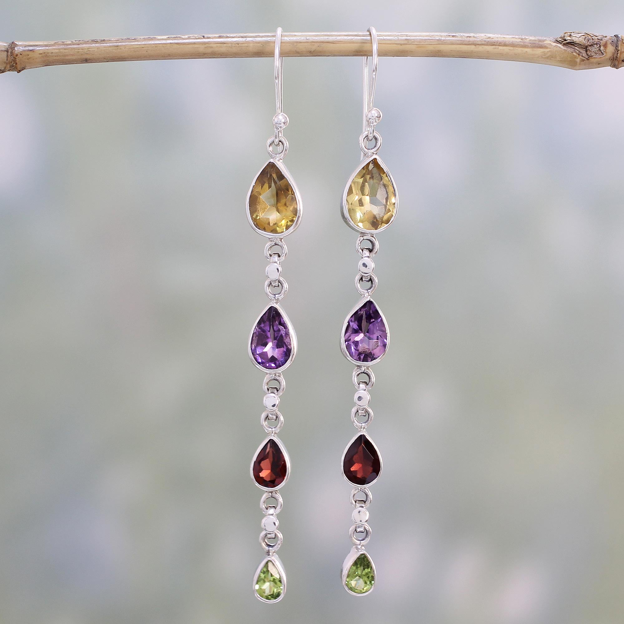 Premium Multi-Gemstone Dangle Earrings - Citrine, Amethyst, Garnet & Peridot