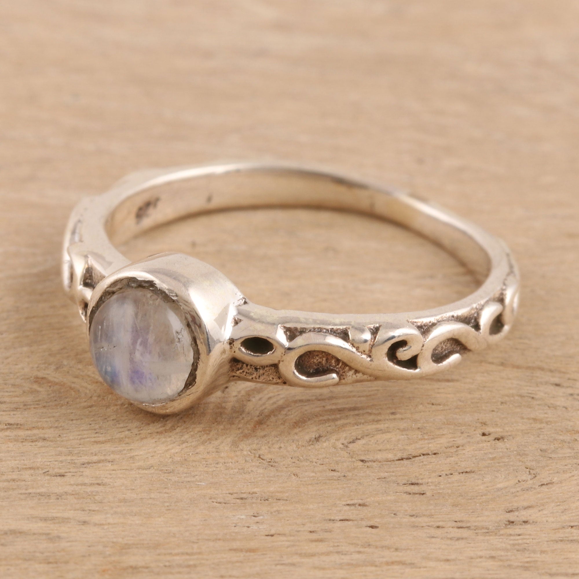 Premium Misty Globe Rainbow Moonstone Solitaire Ring – Handcrafted in India