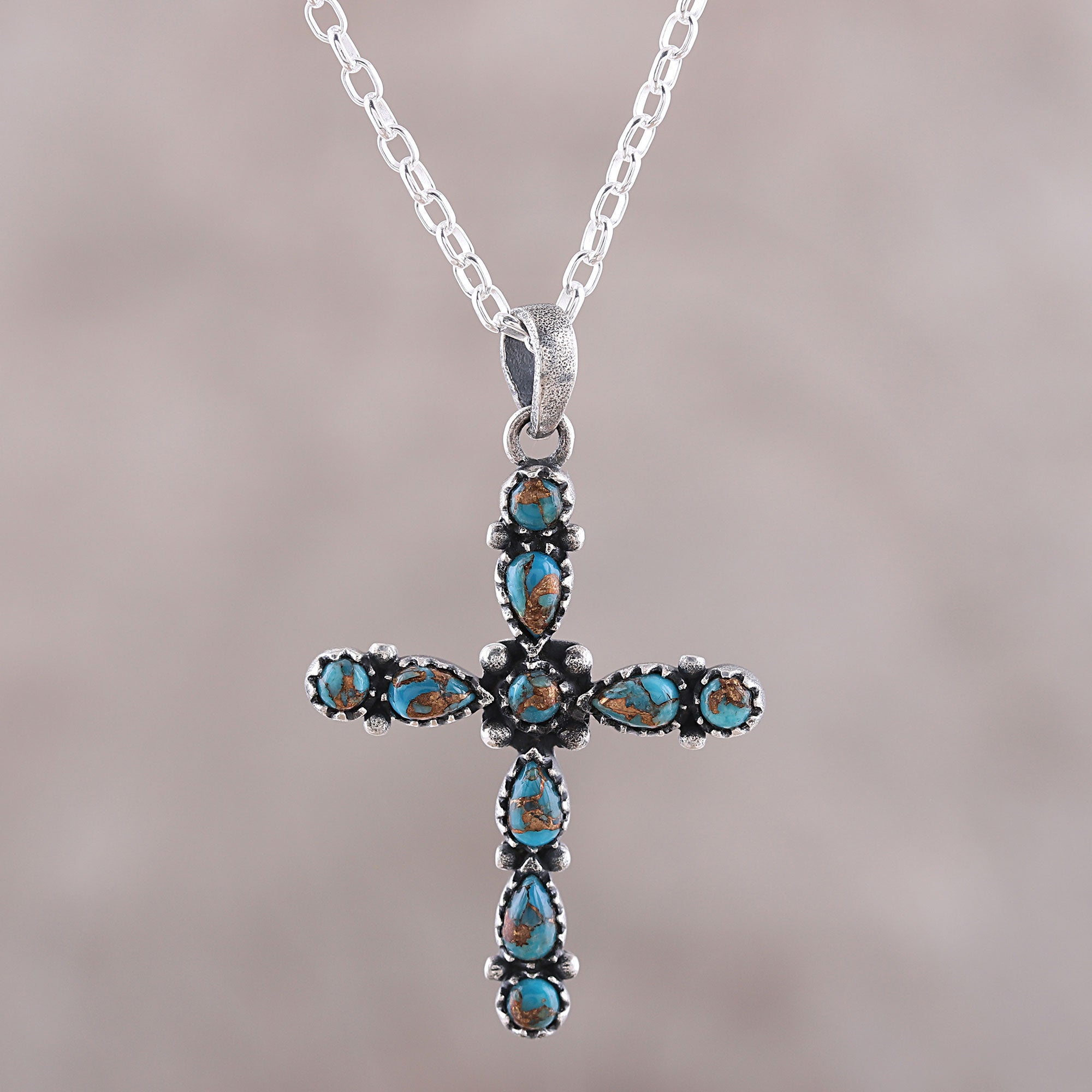 Premium 925 Sterling Silver & Composite Turquoise Cross Pendant Necklace