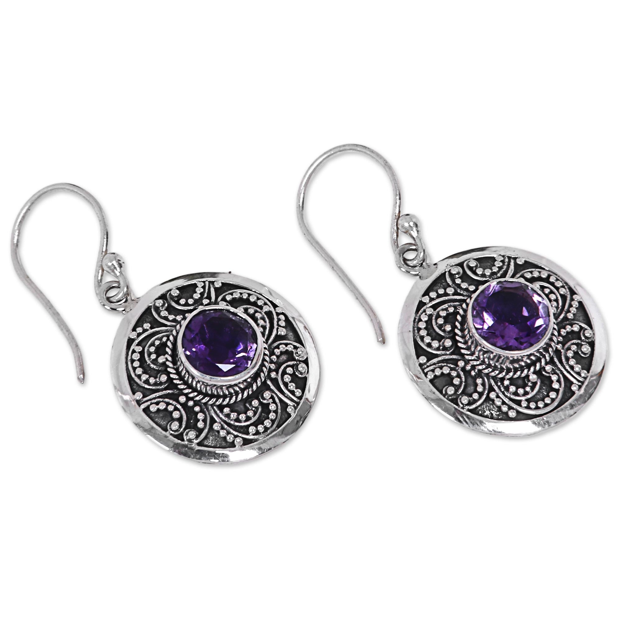 Premium Balinese Aura Amethyst & Silver Dangle Earrings - Handcrafted Elegance