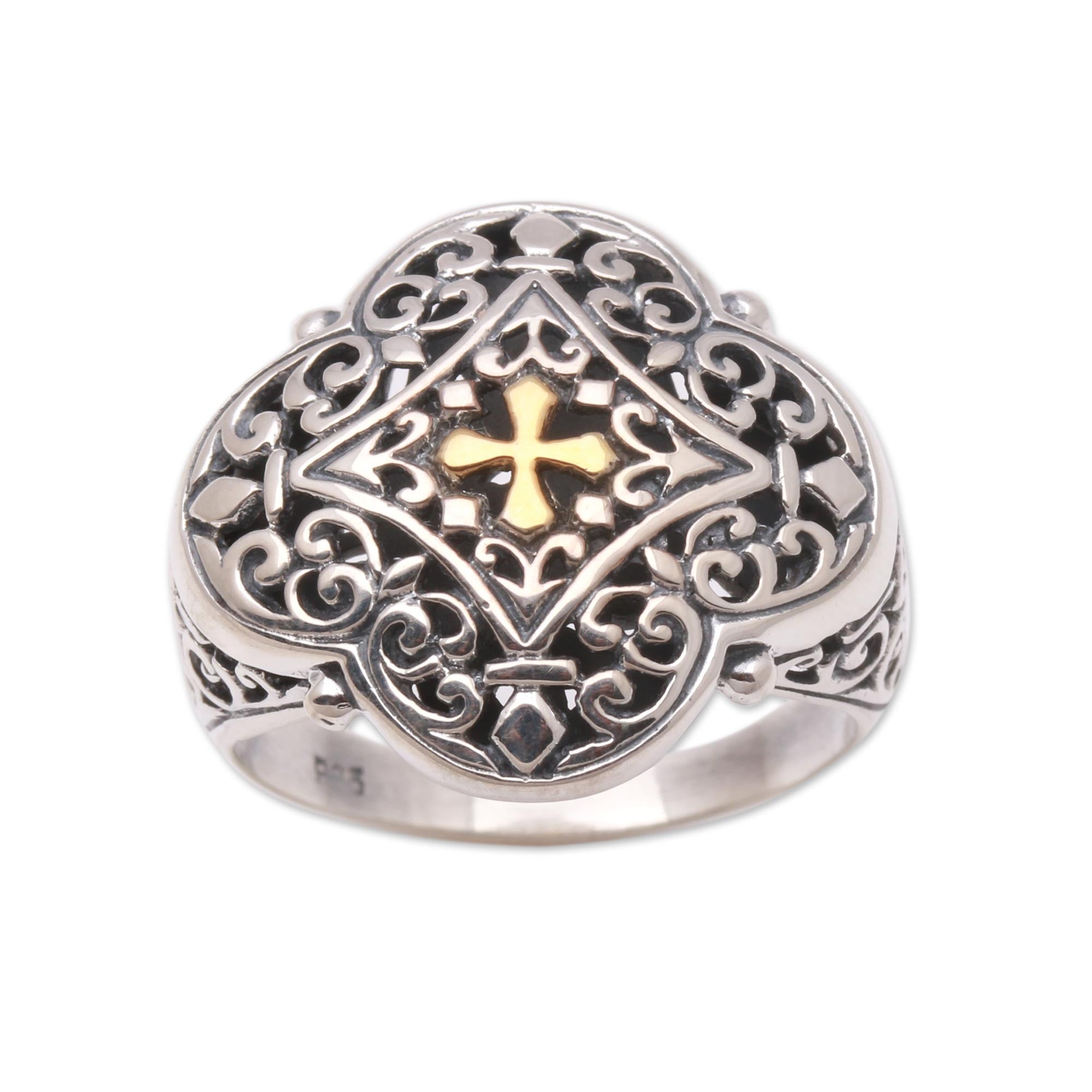 Premium Cross-Themed Sterling Silver Ring with 18K Gold Accent