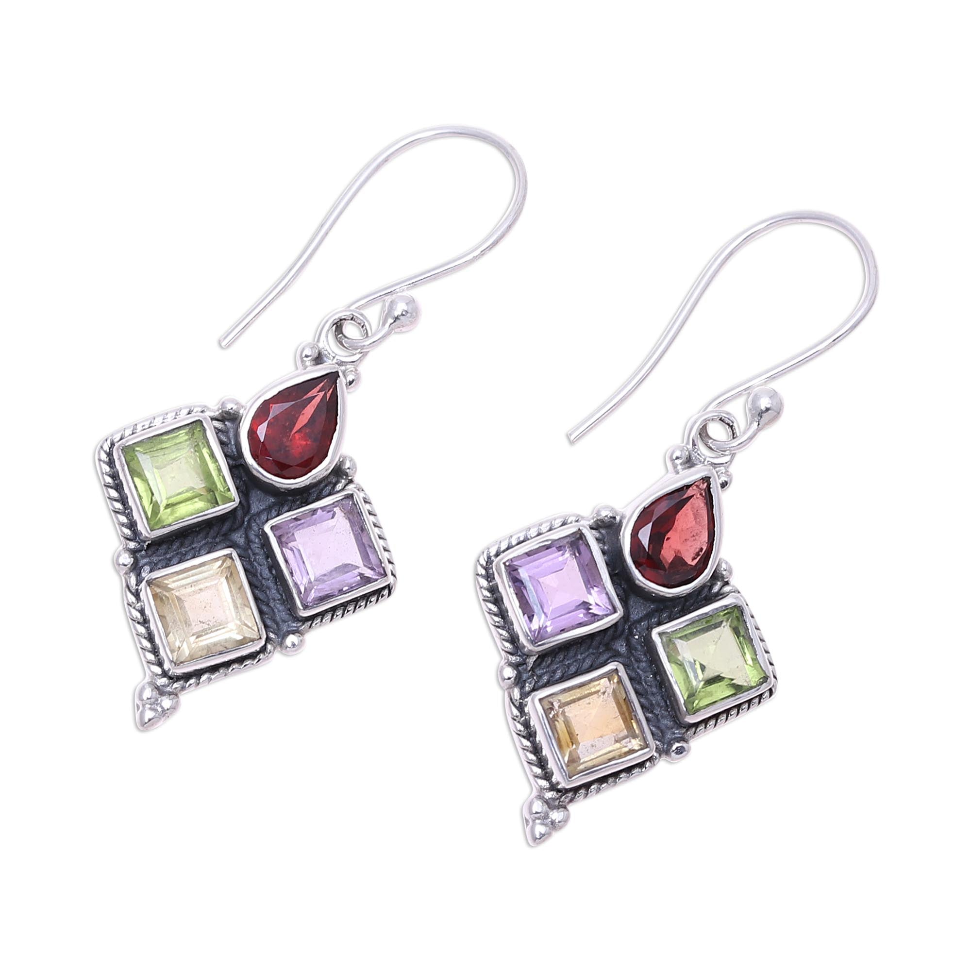 Premium Sparkling Quartet Gemstone Dangle Earrings - Garnet, Citrine, Peridot & Amethyst