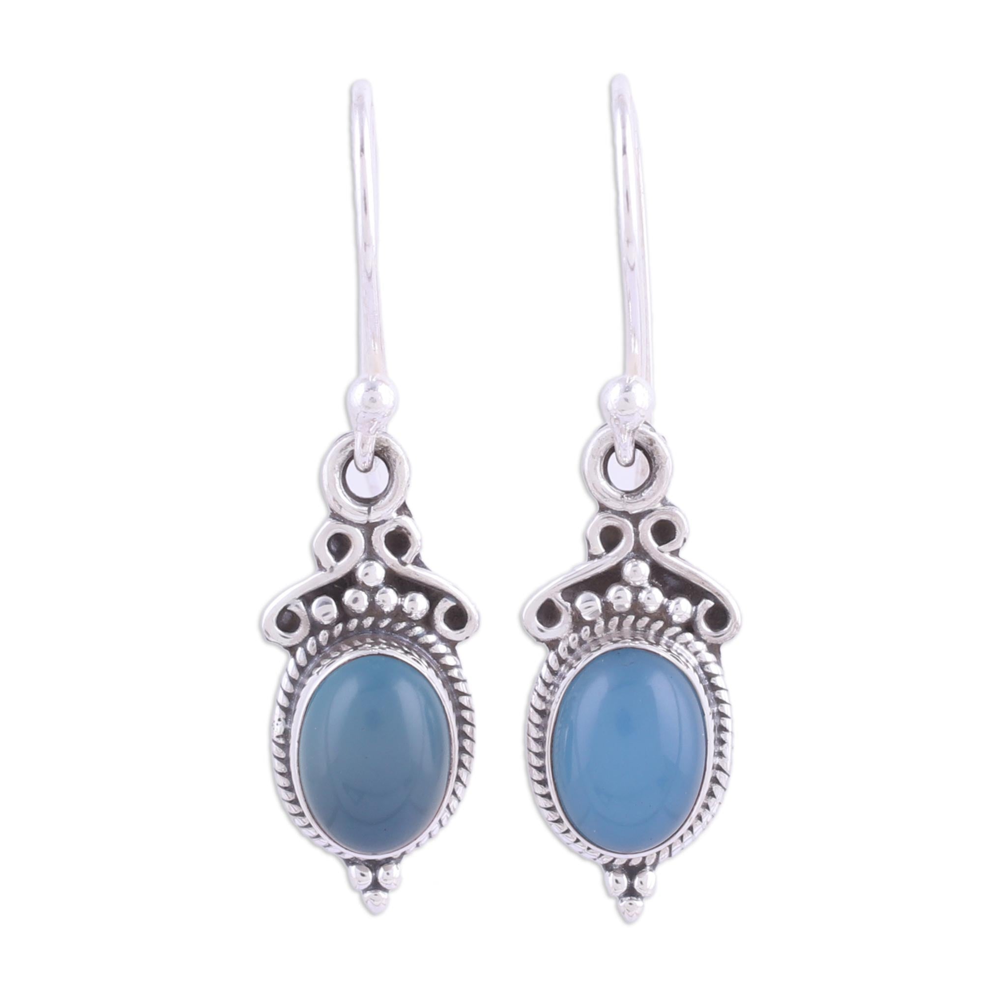 Premium Blue Chalcedony & 925 Silver Dangle Earrings - Handcrafted Elegance from India