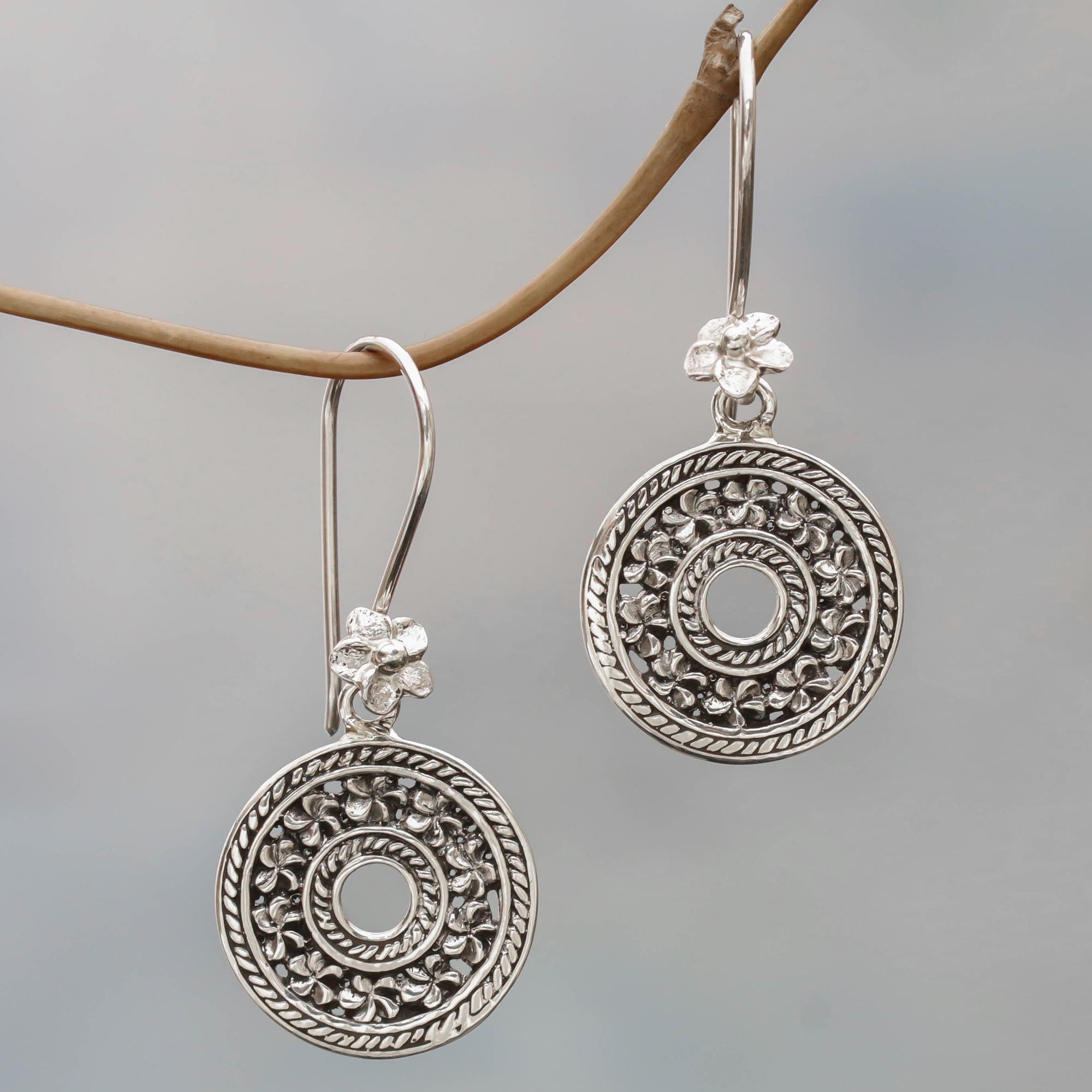 Premium Handcrafted Sterling Silver Floral Dangle Earrings - Inspired by Jepun Flower