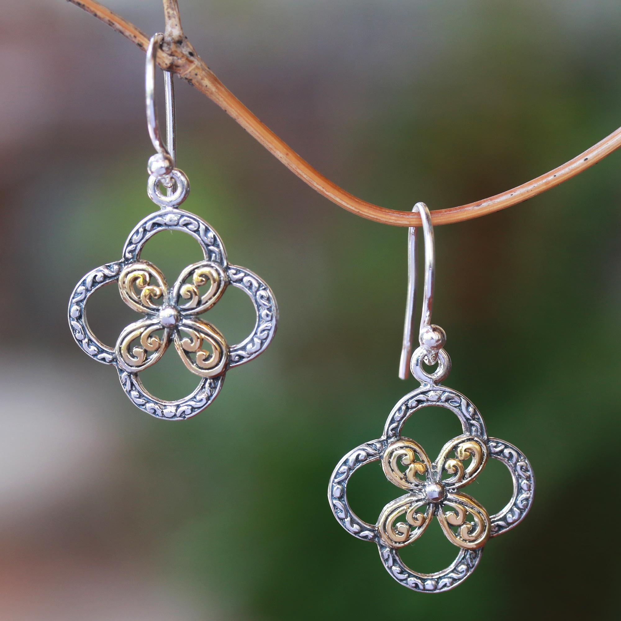 Premium Floral Dangle Earrings - Sterling Silver with 18K Gold Accents