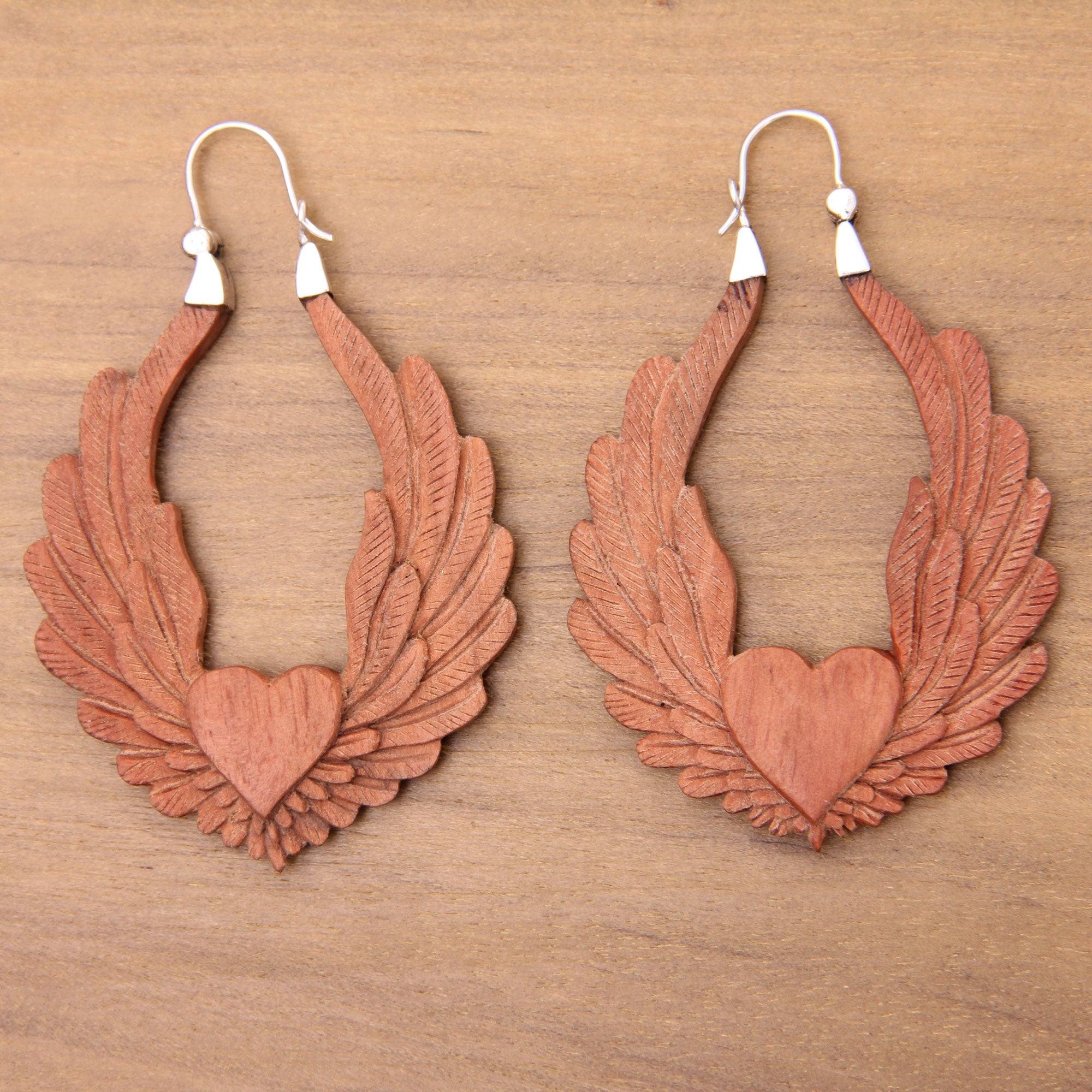 Premium Angel Heart Wood & Silver Heart Shaped Earrings – Handmade Elegance