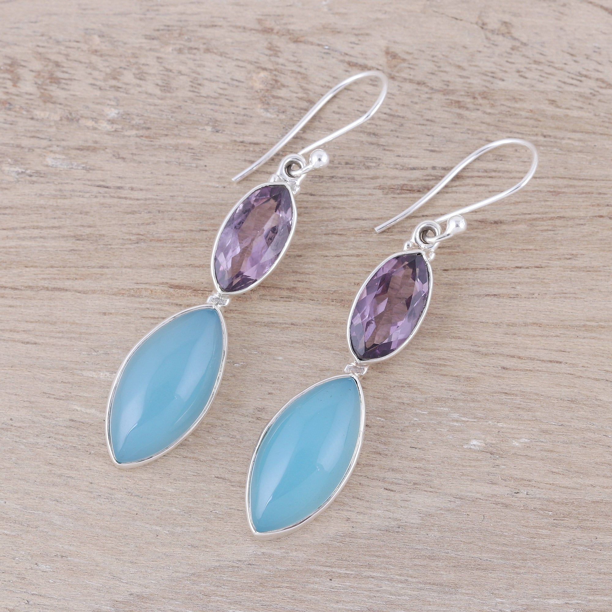 Premium Sterling Silver Blue Chalcedony & Amethyst Dangle Earrings – Timeless Elegance