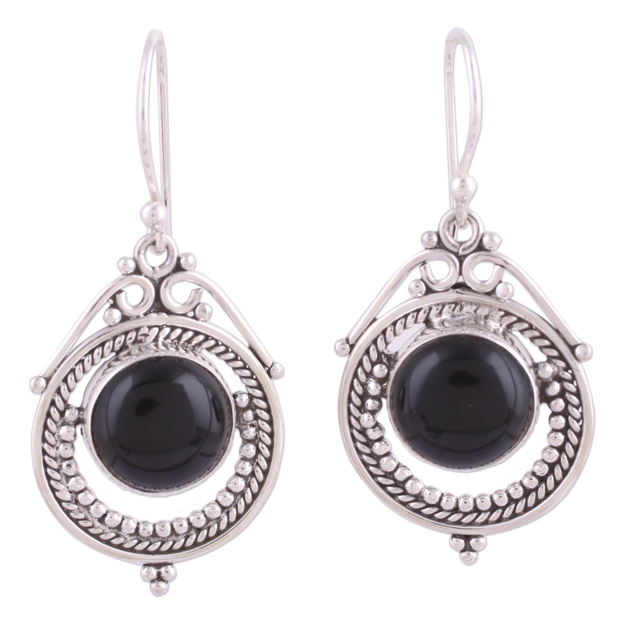 Premium Onyx Globe Sterling Silver Dangle Earrings – Handcrafted in India