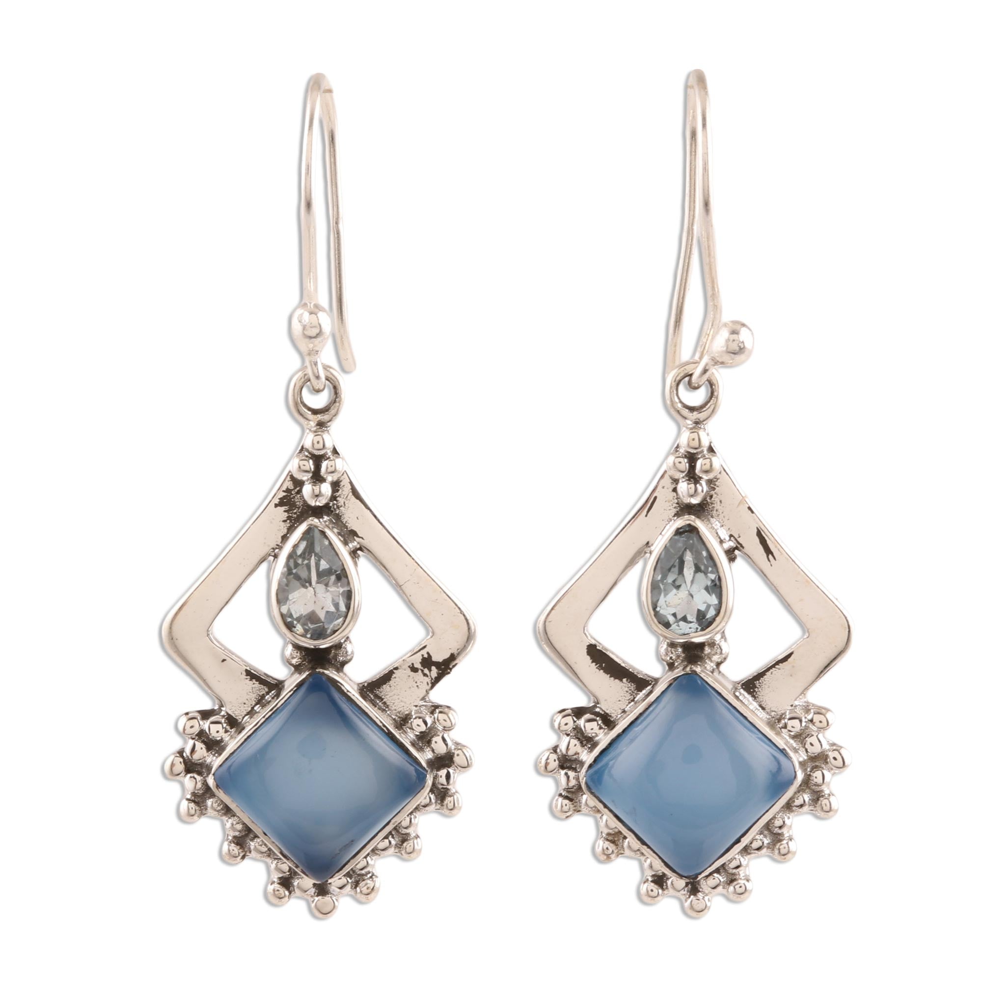 Premium Blue Chalcedony & Topaz Sterling Silver Dangle Earrings | Handcrafted in India