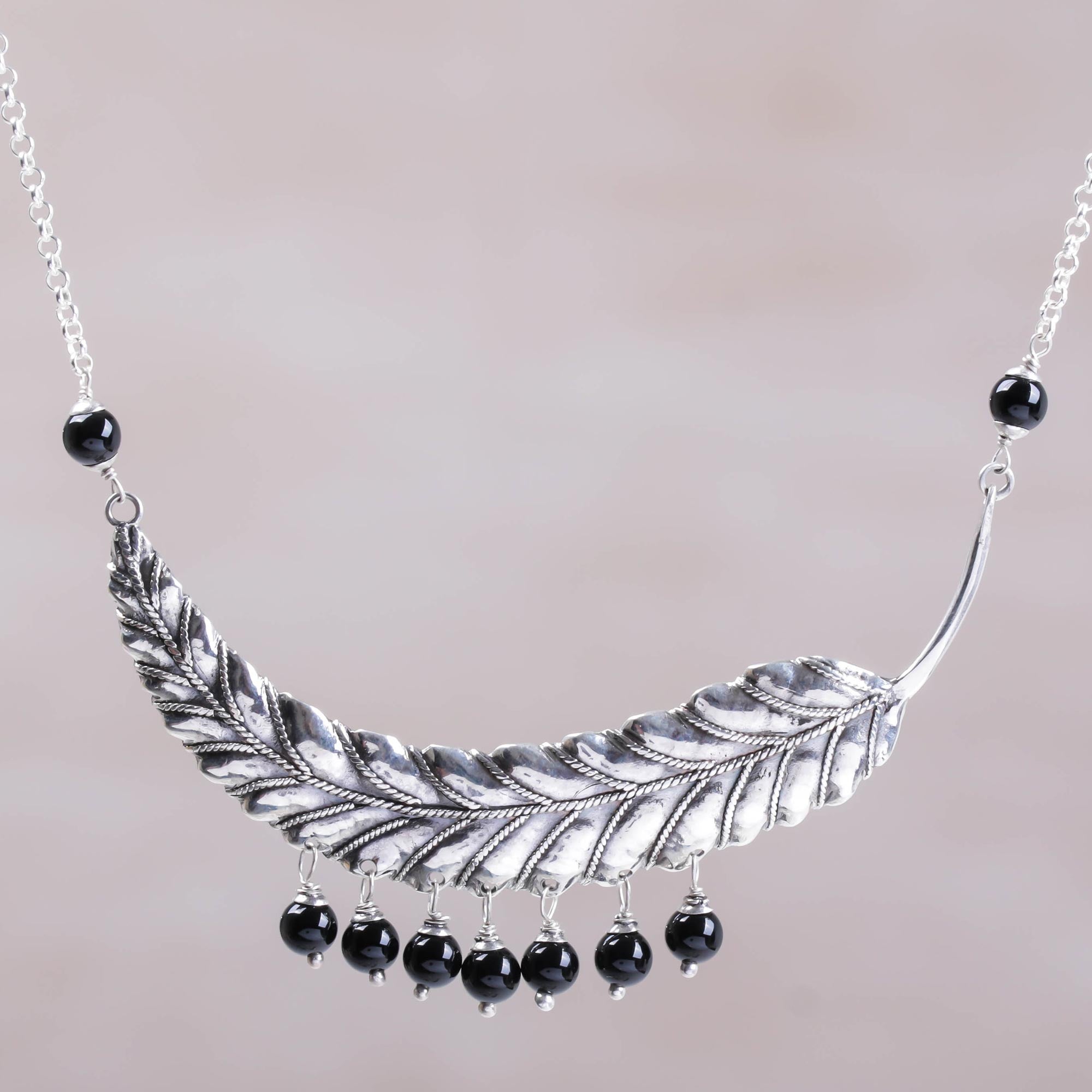 Premium Dusky Dew Sterling Silver & Onyx Leaf Pendant Necklace - Handcrafted in Bali