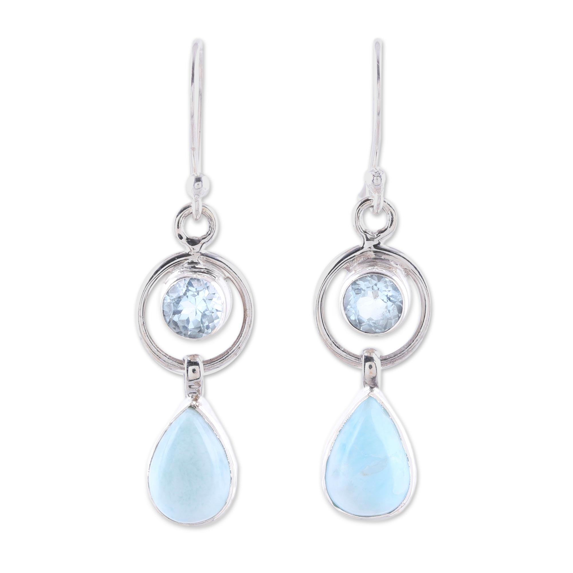 Premium Larimar and Blue Topaz Dangle Earrings - Handcrafted Sterling Silver Jewelry