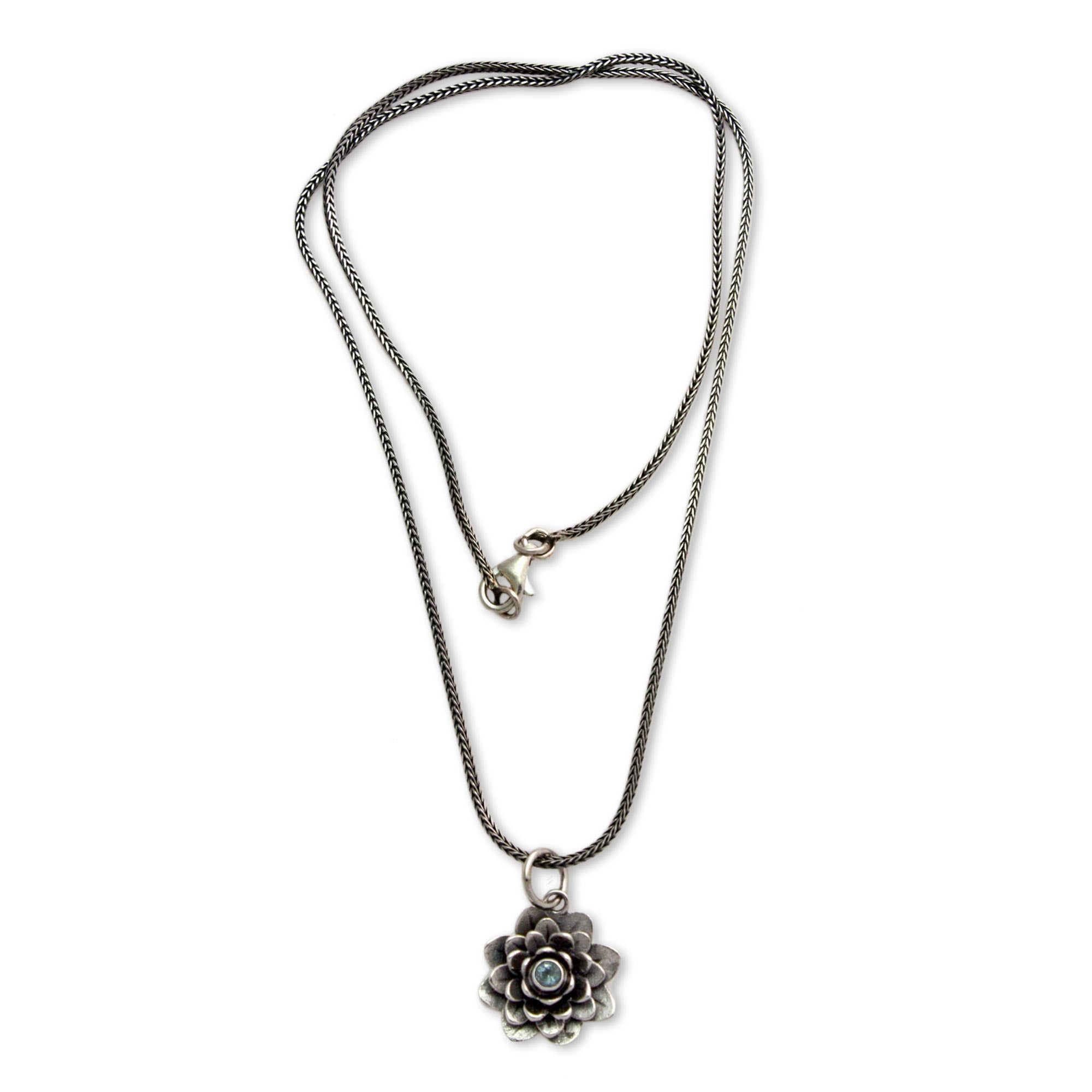 Premium Sacred Blue Lotus Pendant Necklace - Sterling Silver & Blue Topaz