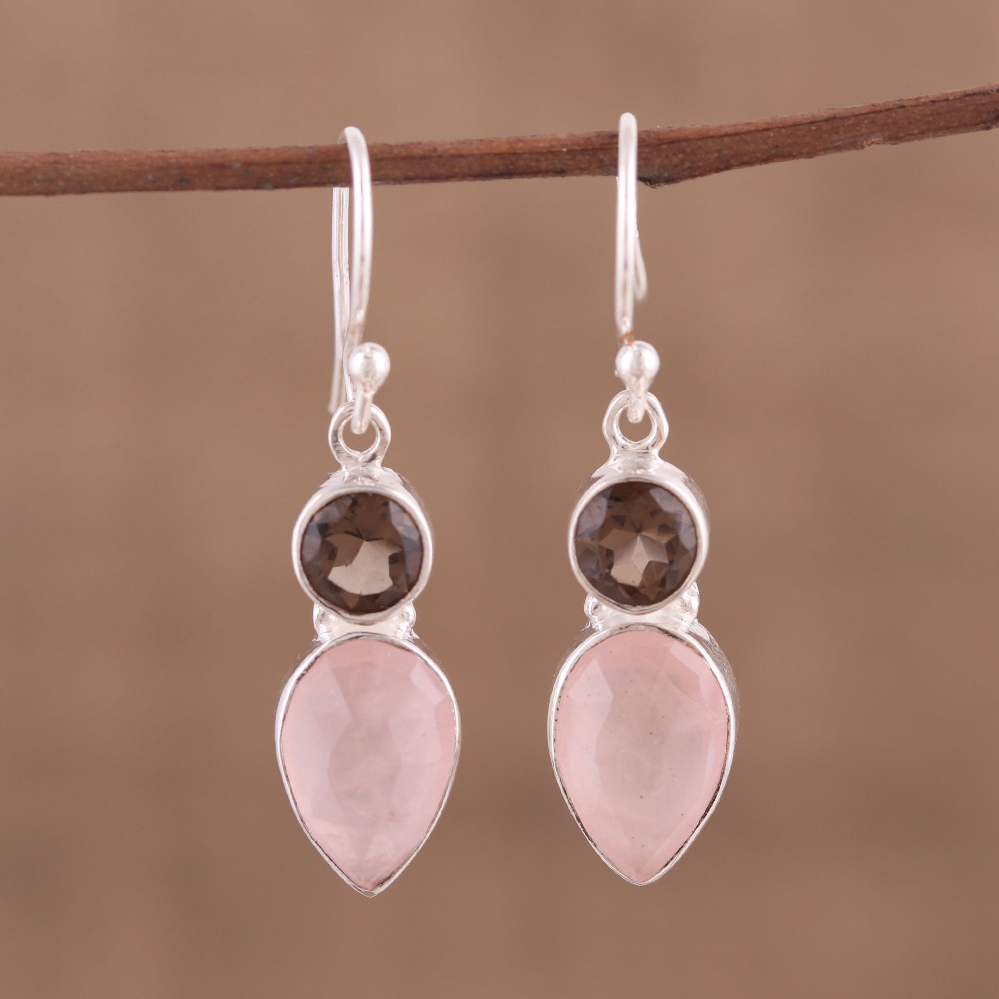 Premium Multi-Gem Dangle Earrings - Rose Quartz & Smoky Quartz