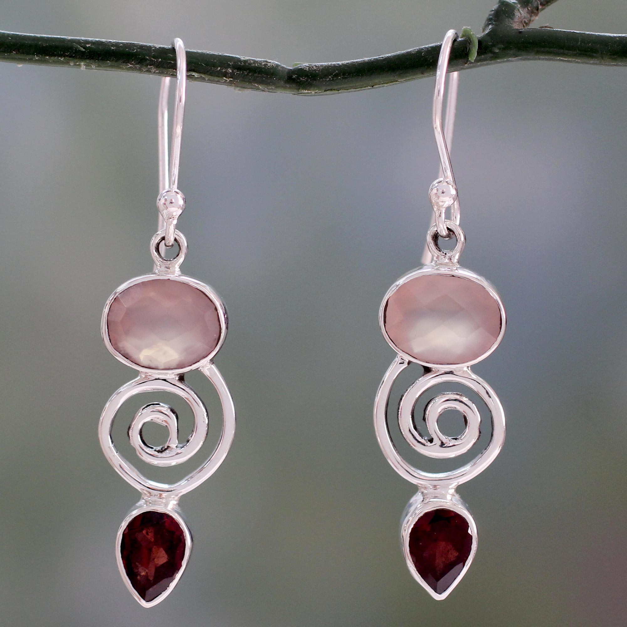 Ultimate Romantic Journey Silver Dangle Earrings with Rose Quartz & Garnet