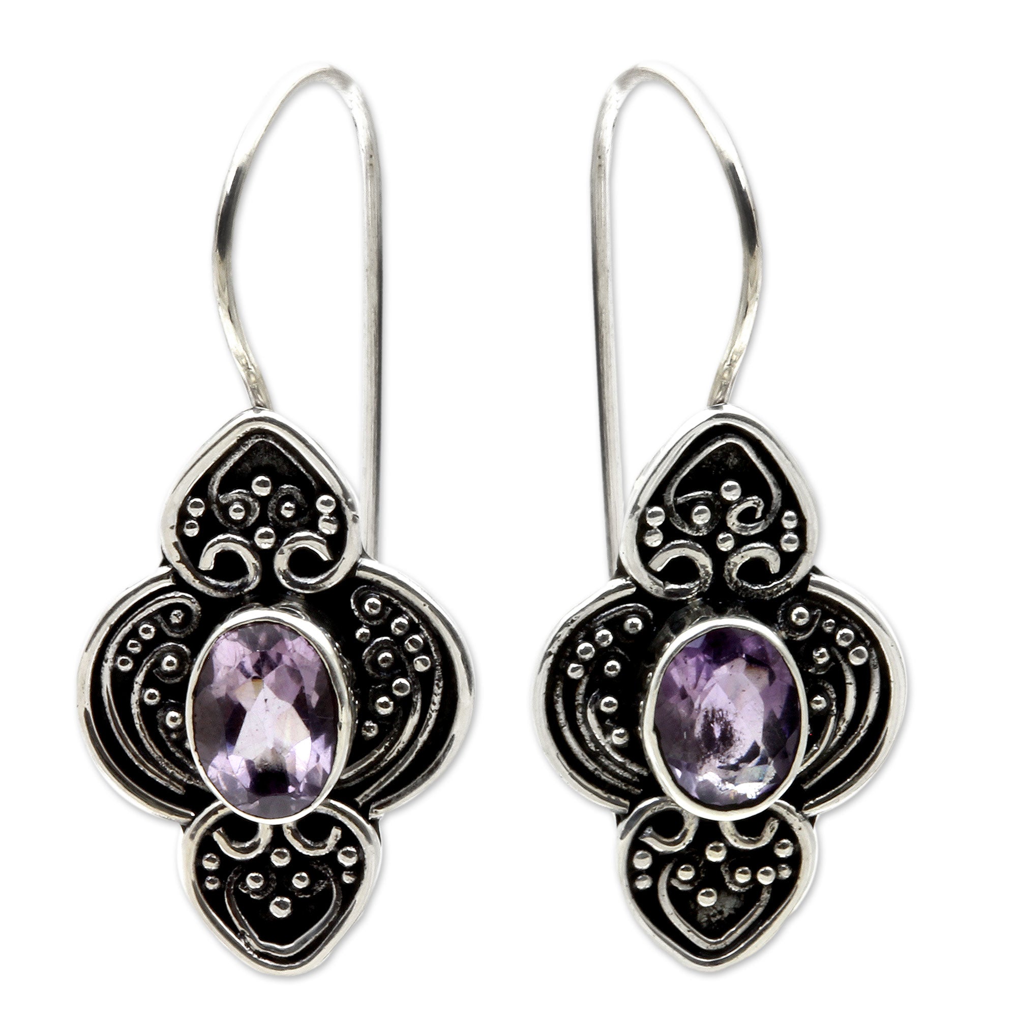 Premium Balinese Amethyst Sterling Silver Dangle Earrings - Purple Water Hyacinth Design