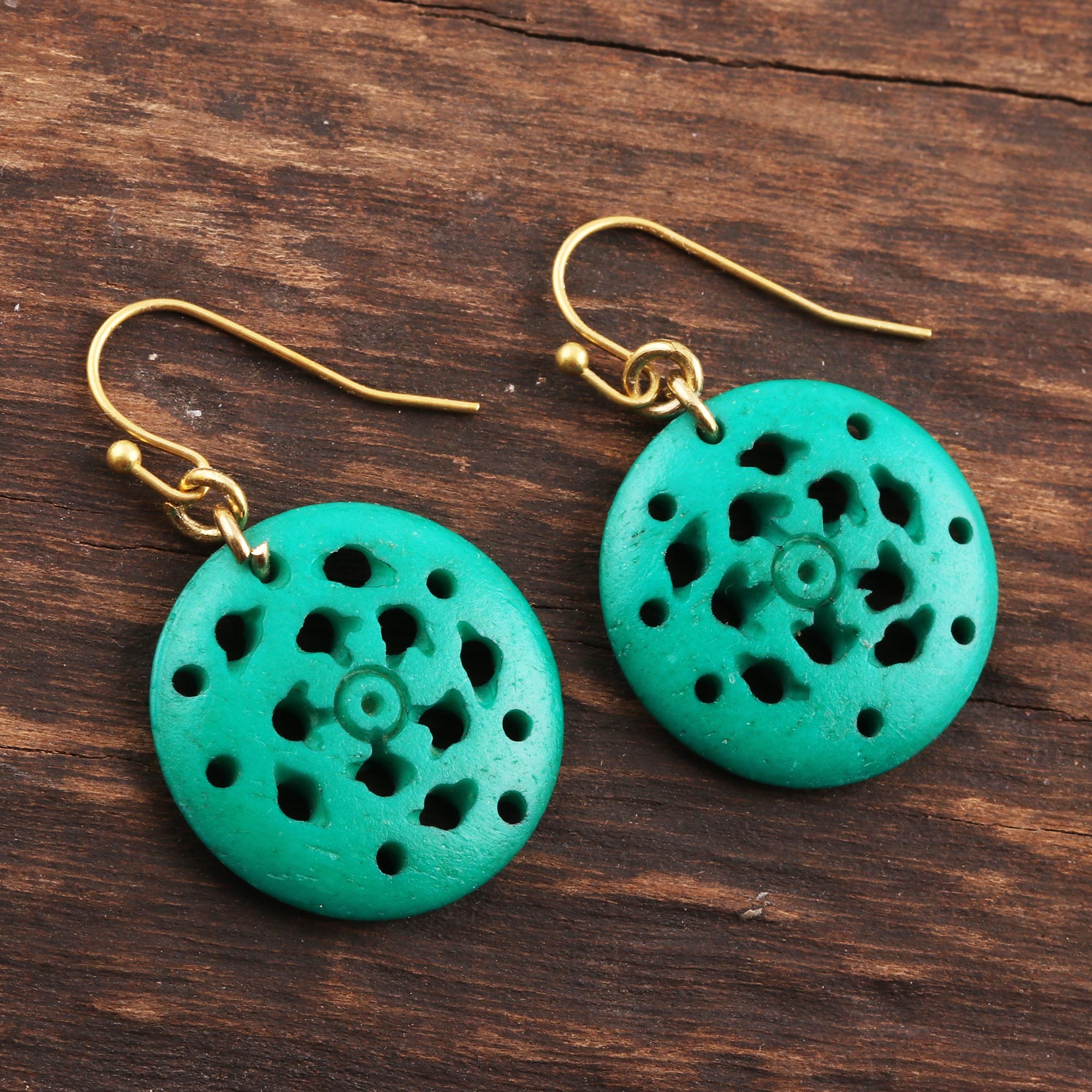 Premium Handcrafted Blue-Green Bone Dangle Earrings from India