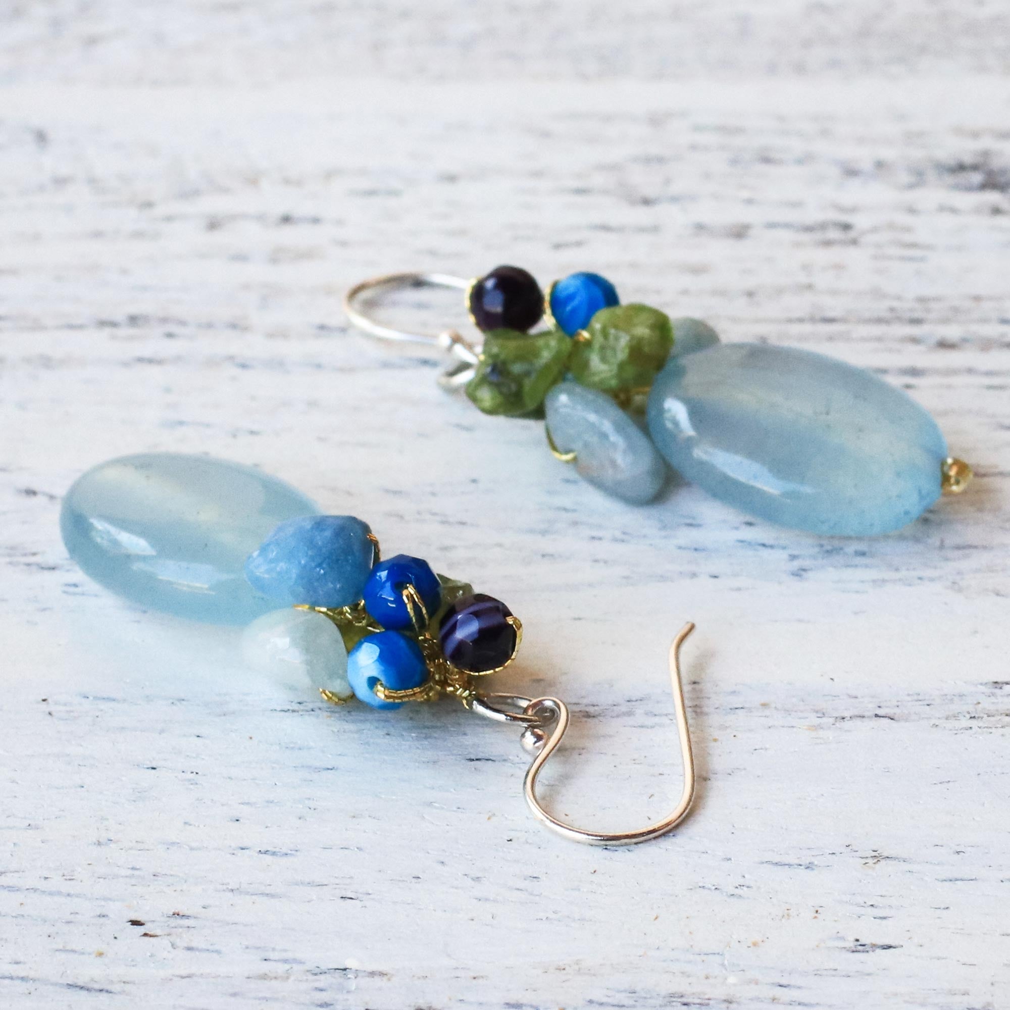 Premium Light Blue Princess Dangle Earrings with Multi-Gemstone Design