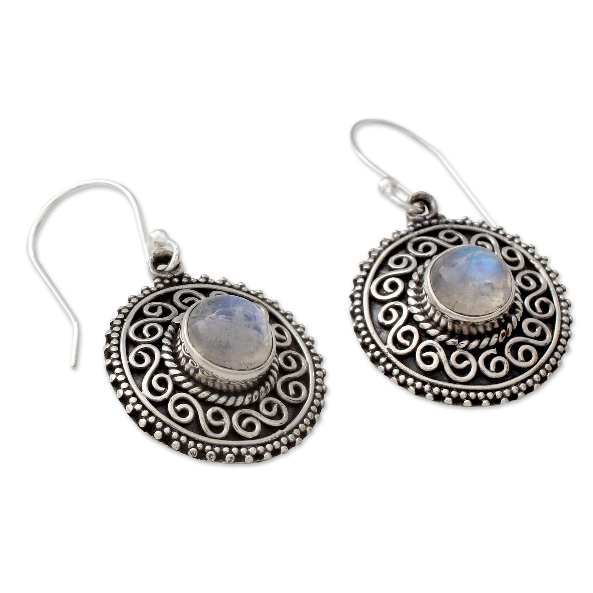 Premium Moonlight Mandala Rainbow Moonstone Dangle Earrings - Oxidized Silver Accents