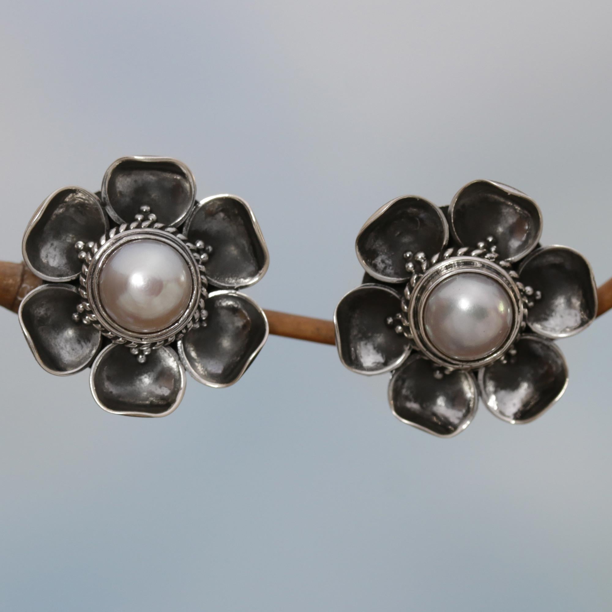 Premium Blooming White Roses Mabe Pearl Silver Earrings