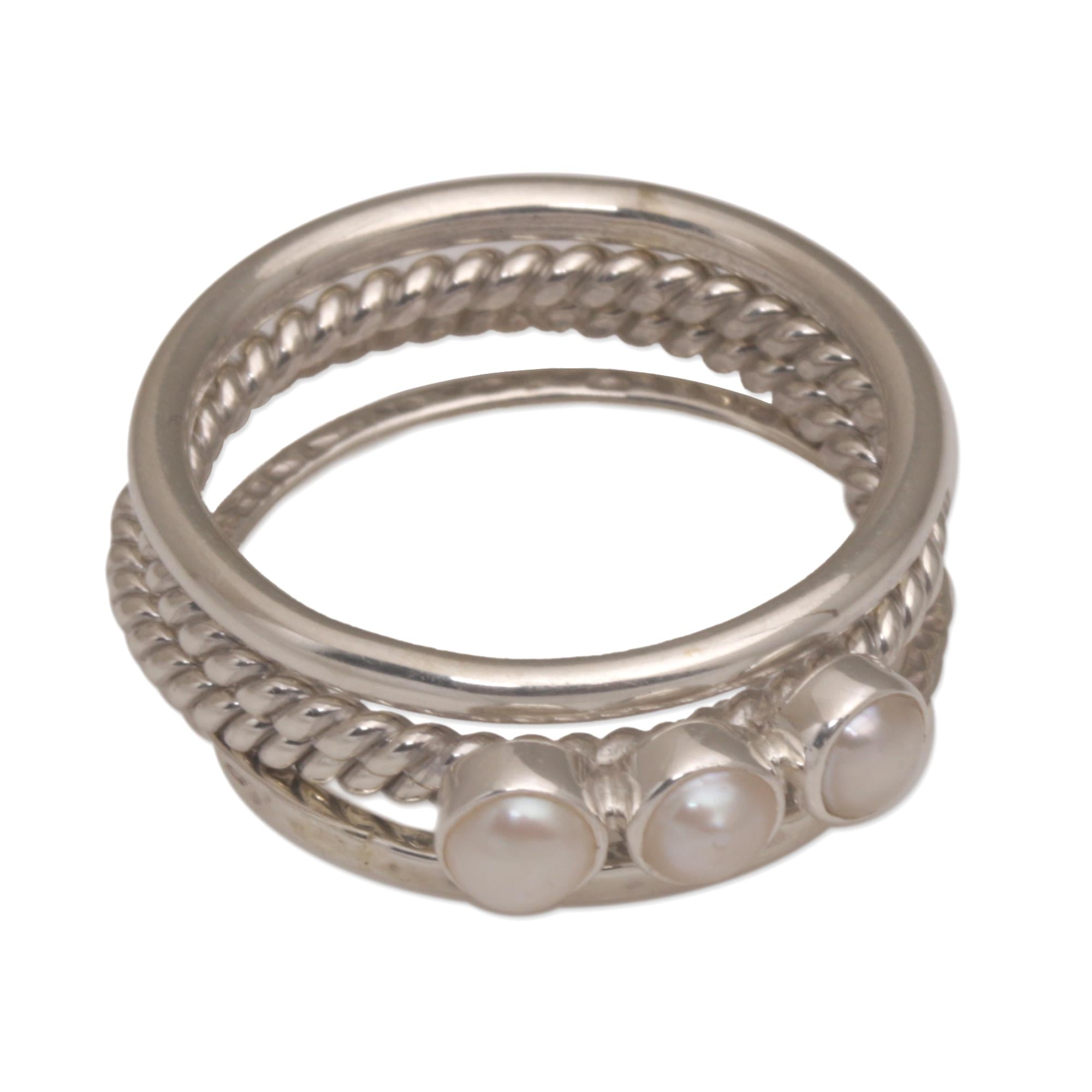 Premium United Moons 925 Sterling Silver & Cultured Pearl Stacking Ring Set (4-Piece)