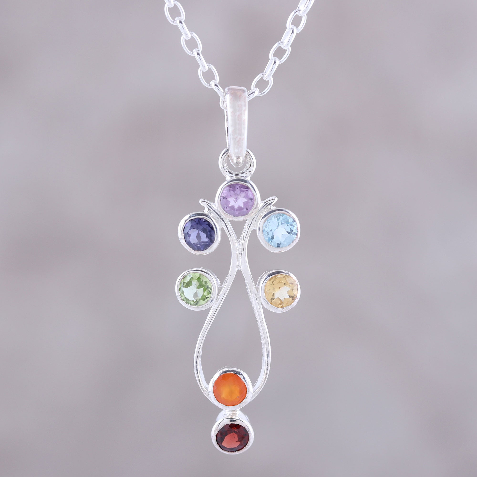 Premium Chakra Harmony Sterling Silver & Multi-Gemstone Pendant Necklace