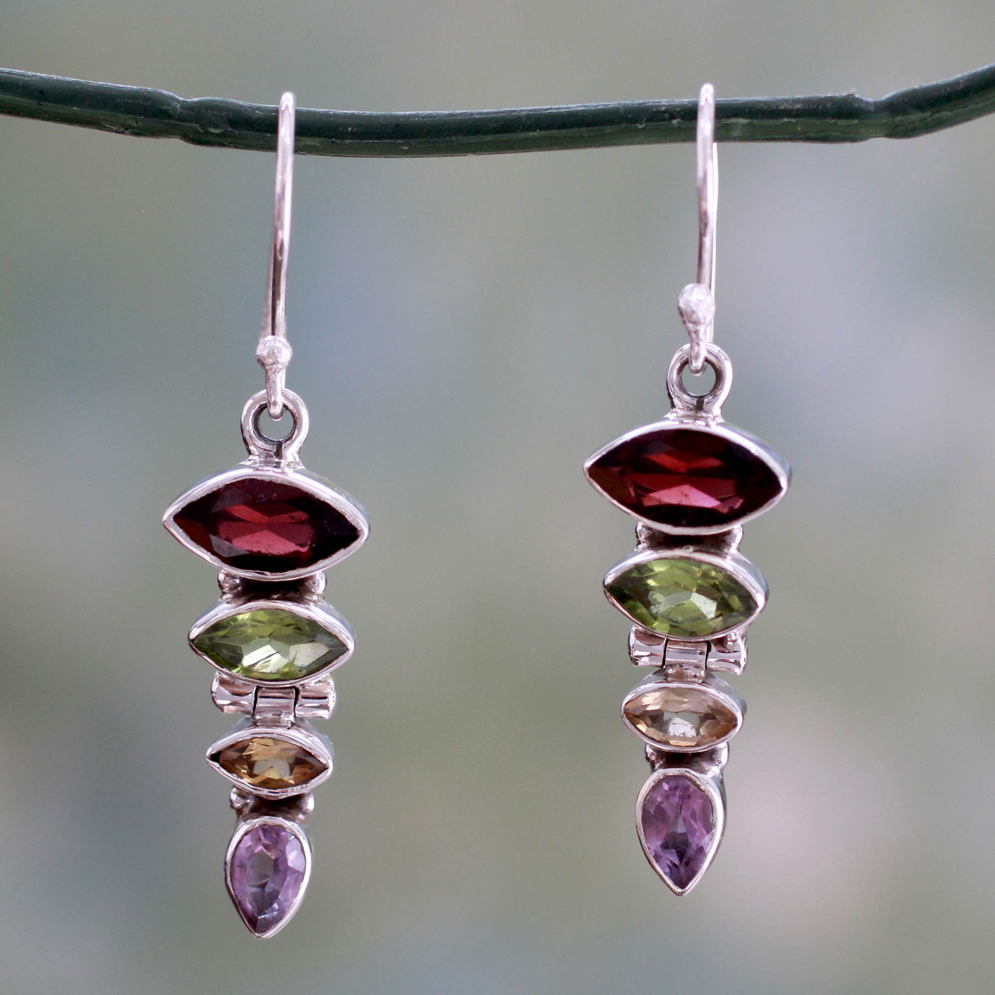 Premium Quartet Gemstone Dangle Earrings with Garnet, Peridot & Amethyst