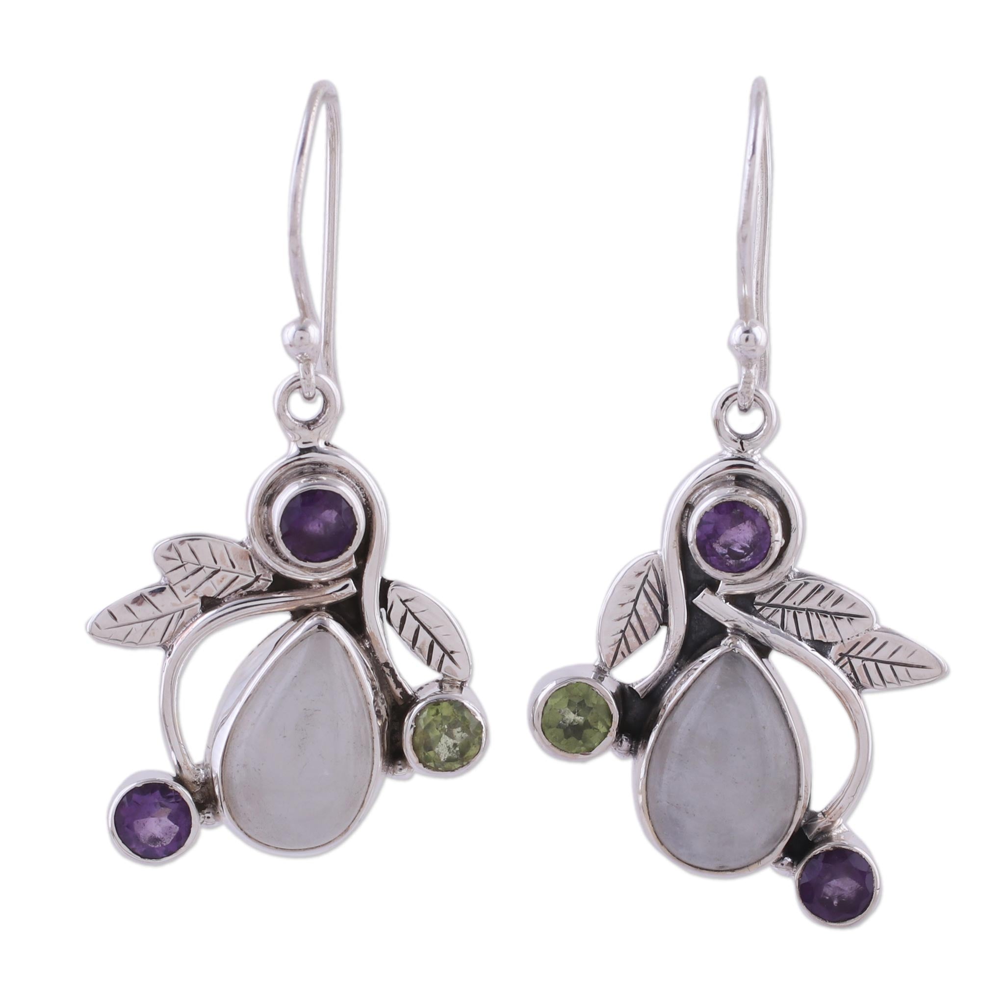 Premium Luminous Beauty Rainbow Moonstone Earrings with Amethyst and Peridot – Handcrafted Sterling Silver Jewelry