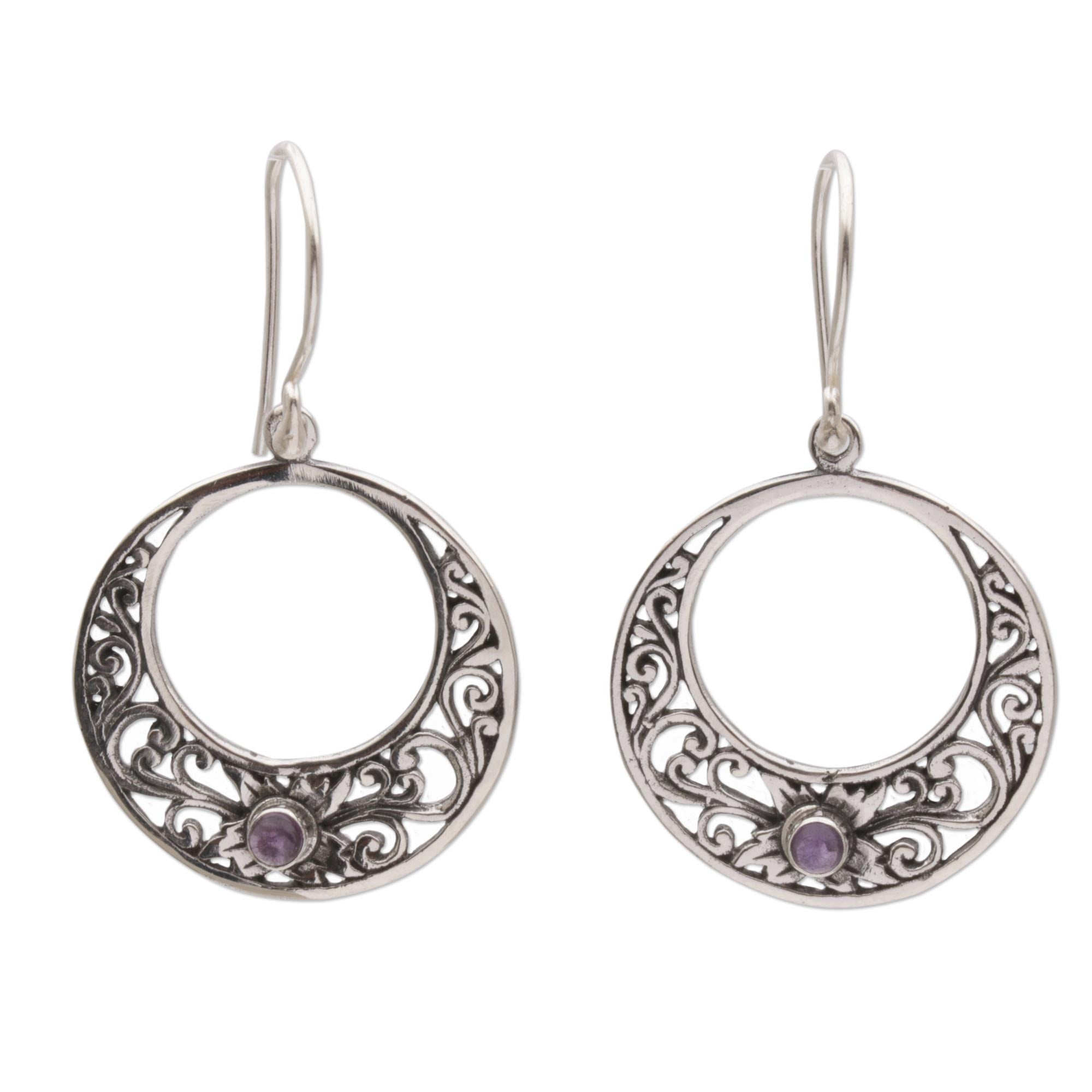 Premium Crescent Spirals Amethyst Dangle Earrings - Handcrafted 925 Sterling Silver Jewelry from Bali