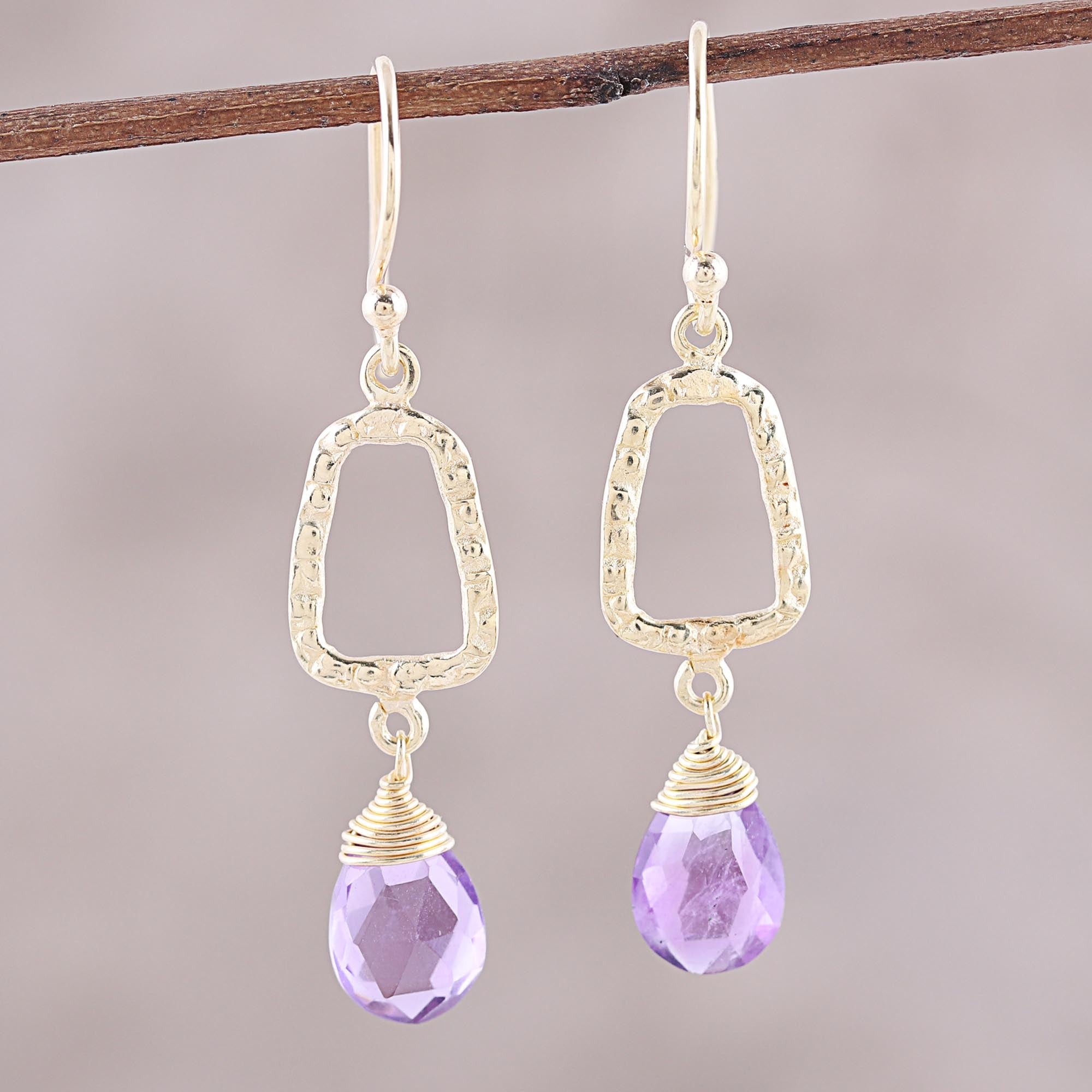 Premium 18k Gold Plated Amethyst Dangle Earrings - Handcrafted in India