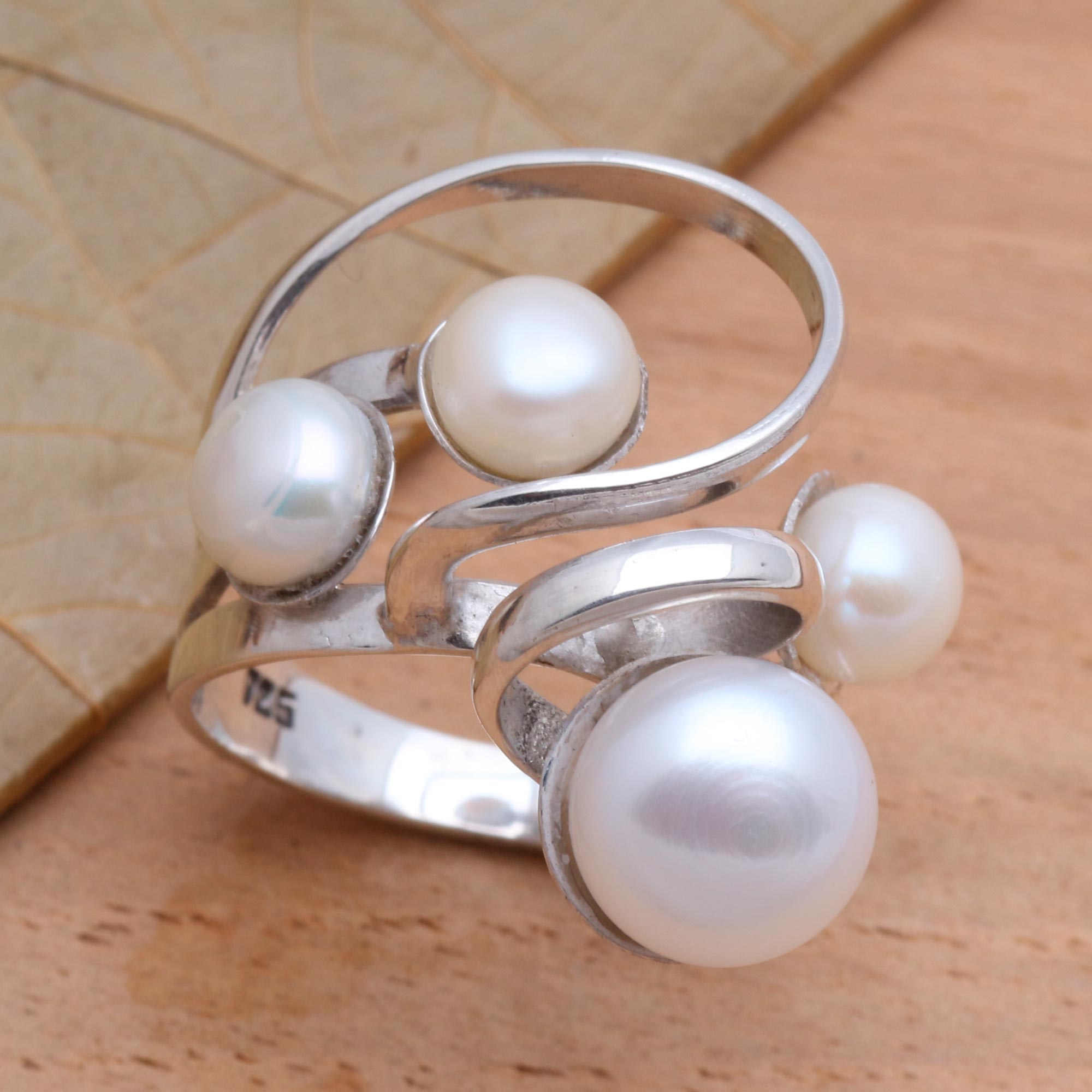 Premium Wave Crest Pearl Cocktail Ring – Elegant Sterling Silver Design