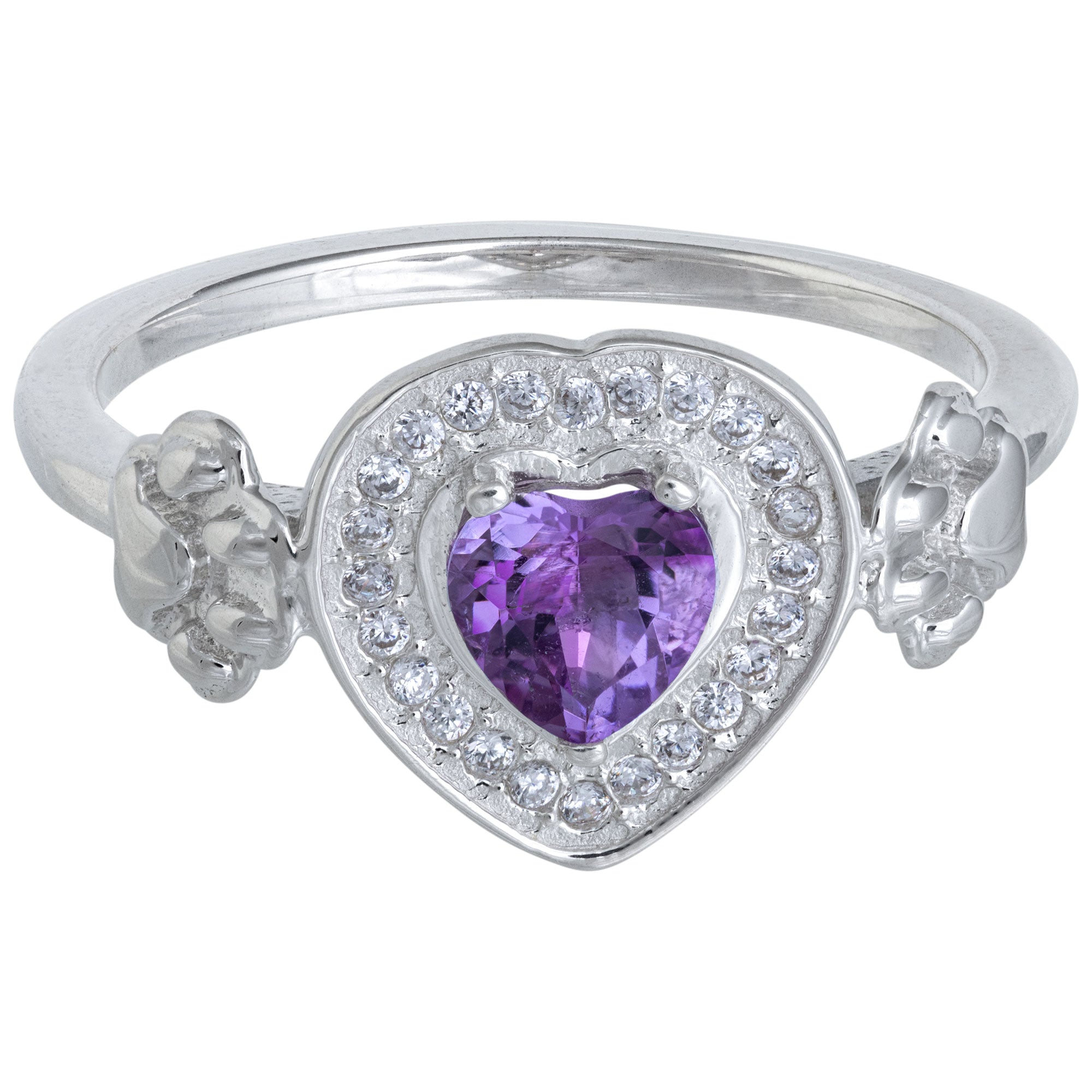 Premium Sterling Silver & Amethyst Paw Print Heart Ring - Handcrafted Animal Rescue Jewelry