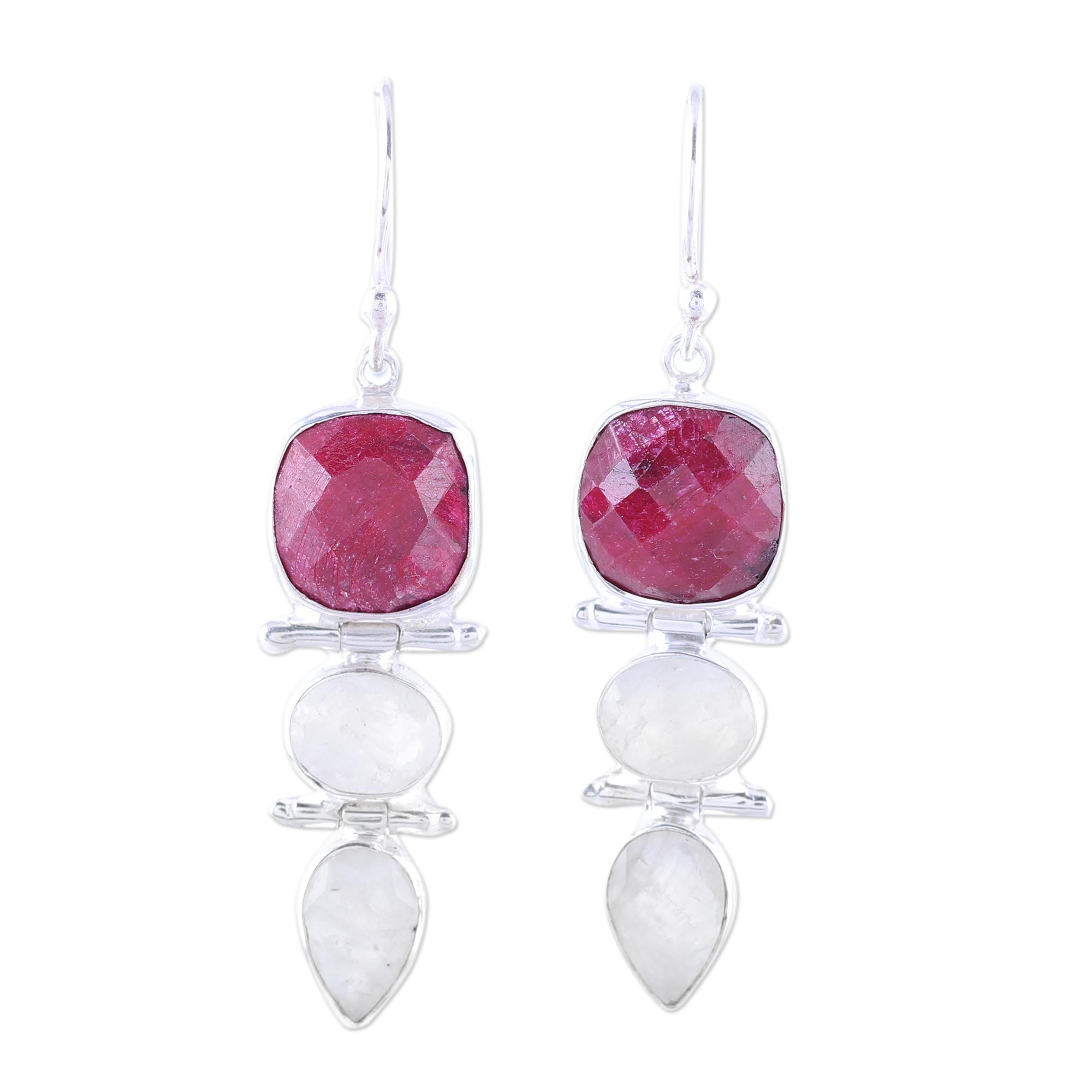 Premium Glittering Muse Ruby & Rainbow Moonstone Dangle Earrings – Handcrafted in India