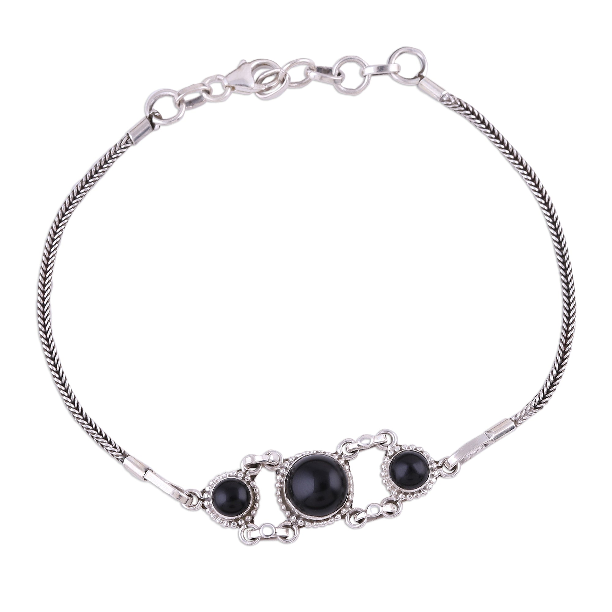 Premium Sterling Silver Onyx Pendant Bracelet with Foxtail Chain