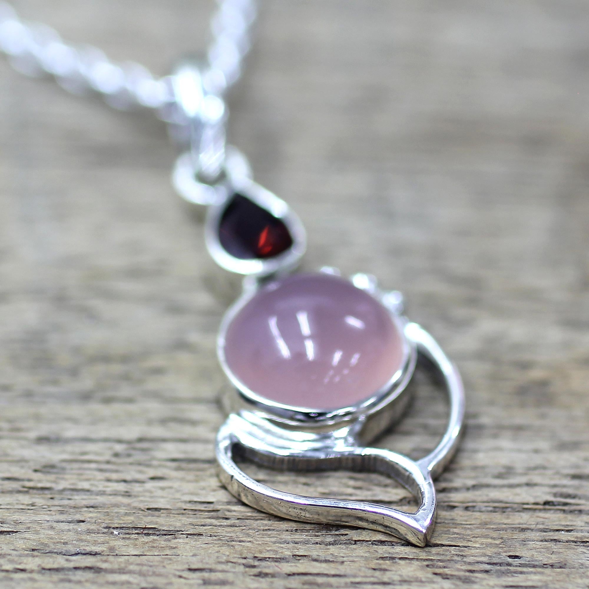 Premium Pink Crest Garnet & Chalcedony Sterling Silver Pendant Necklace - Handcrafted in India