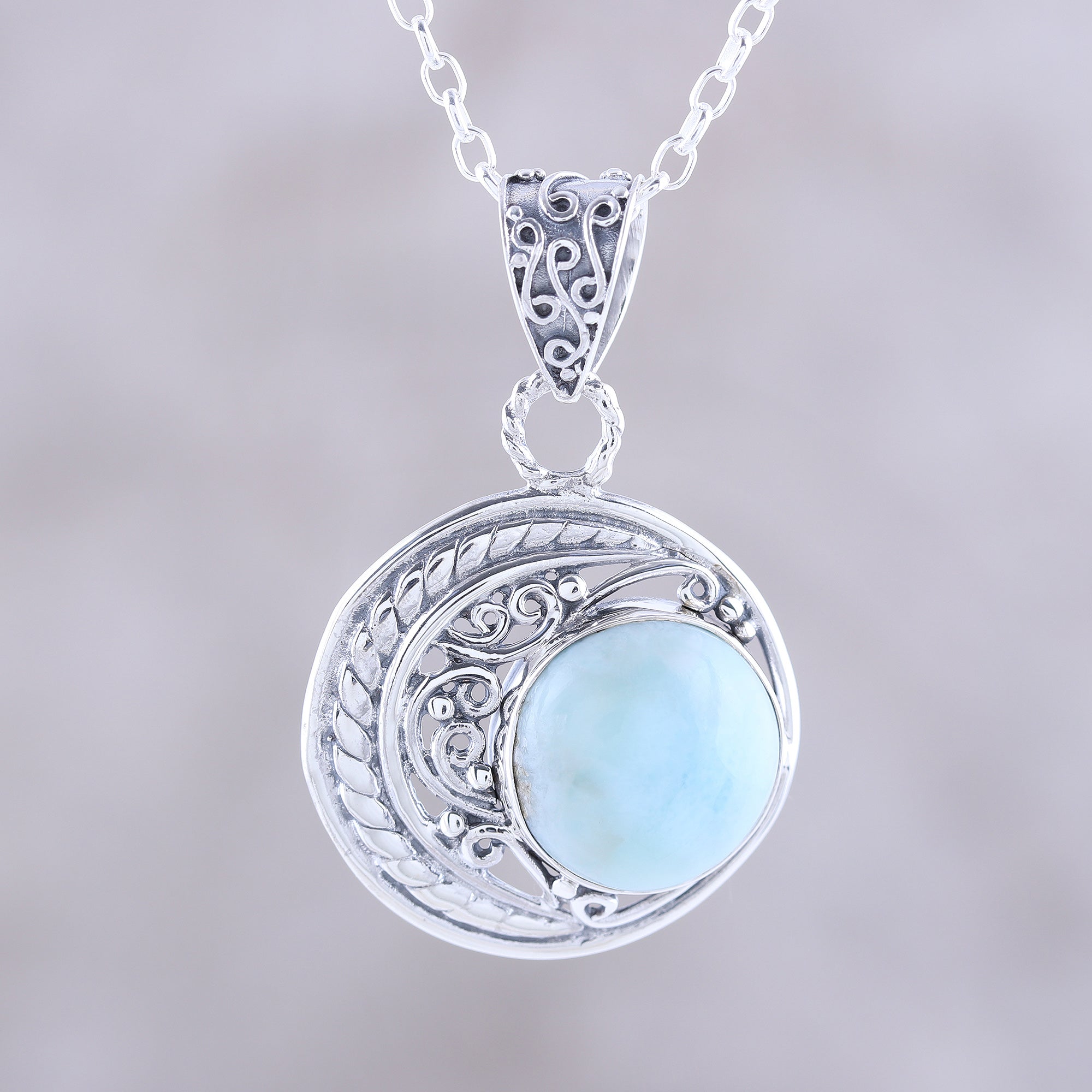 Premium Crescent Elegance Larimar Pendant Necklace - Handcrafted Sterling Silver Jewelry from India