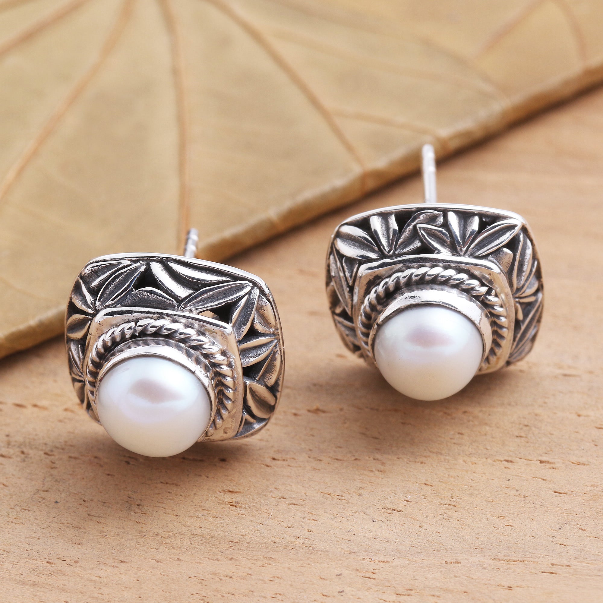 Premium Bamboo Leaf Sterling Silver & Pearl Button Earrings