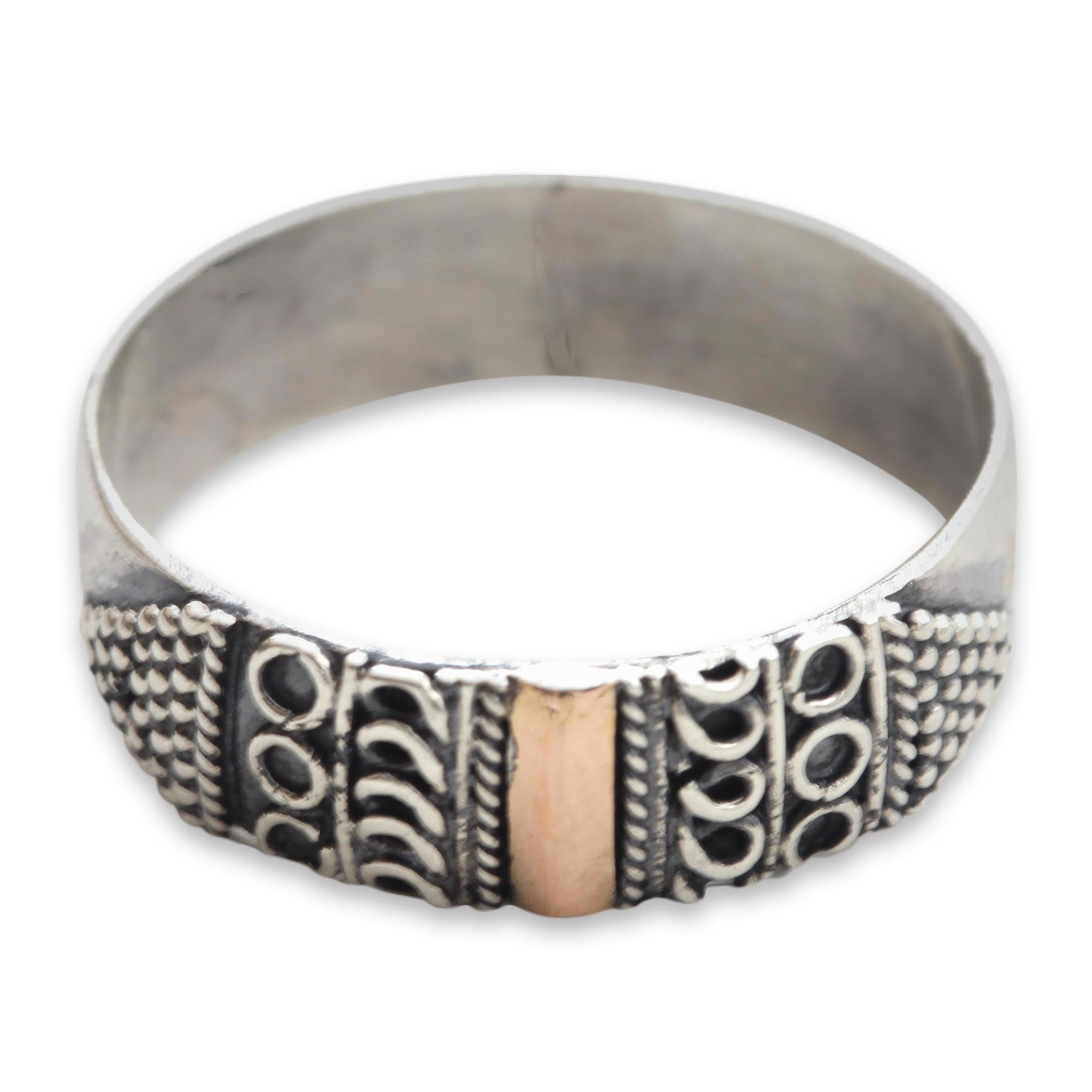 Premium Balinese Gold Accent Silver Band Ring – Handcrafted Elegance