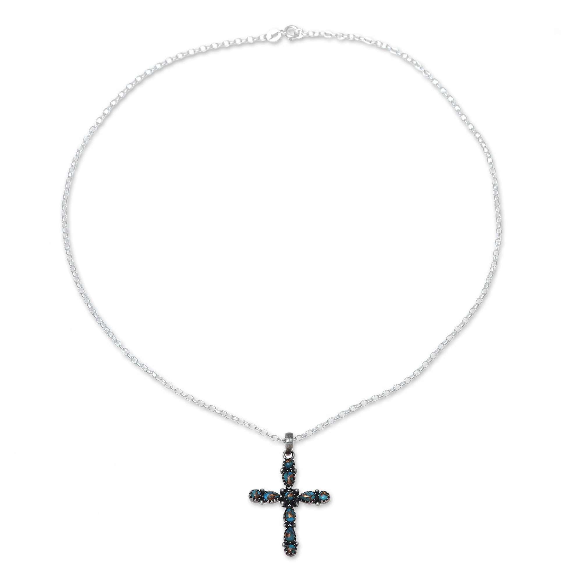 Premium 925 Sterling Silver & Composite Turquoise Cross Pendant Necklace