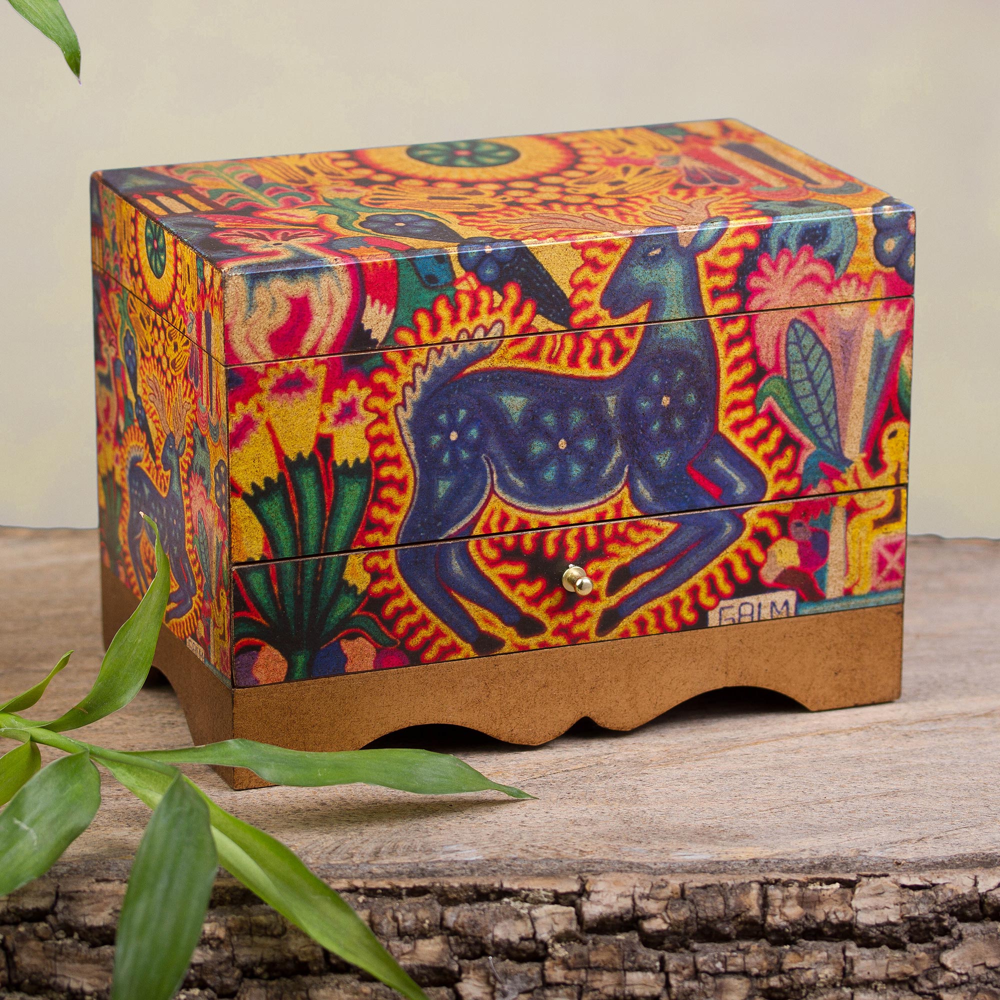 Premium Kawuyumaire Huichol Deer Decoupage Jewelry Box - Handcrafted Pinewood Treasure Chest