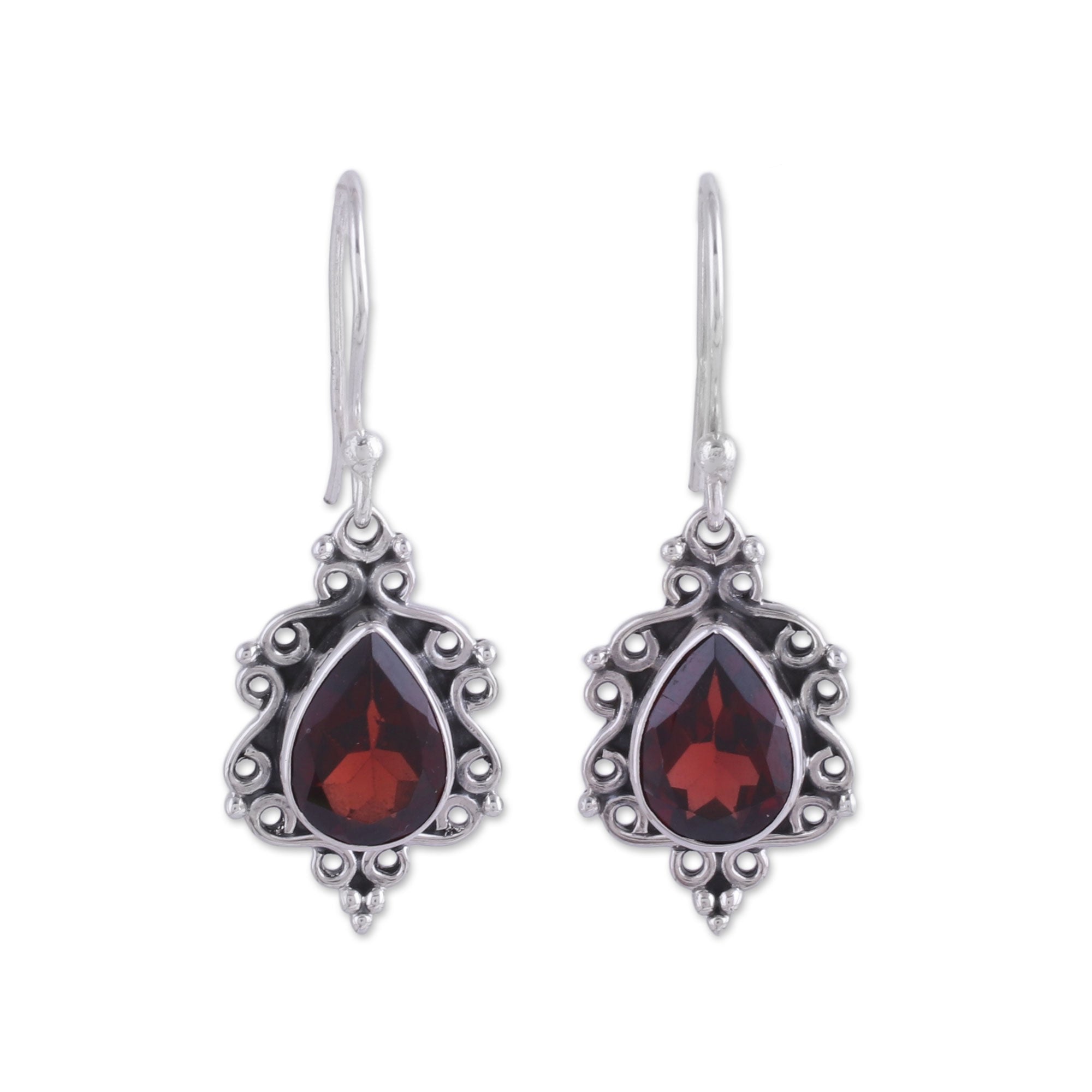 Premium Sterling Silver & Garnet Dangle Earrings - Handcrafted in India