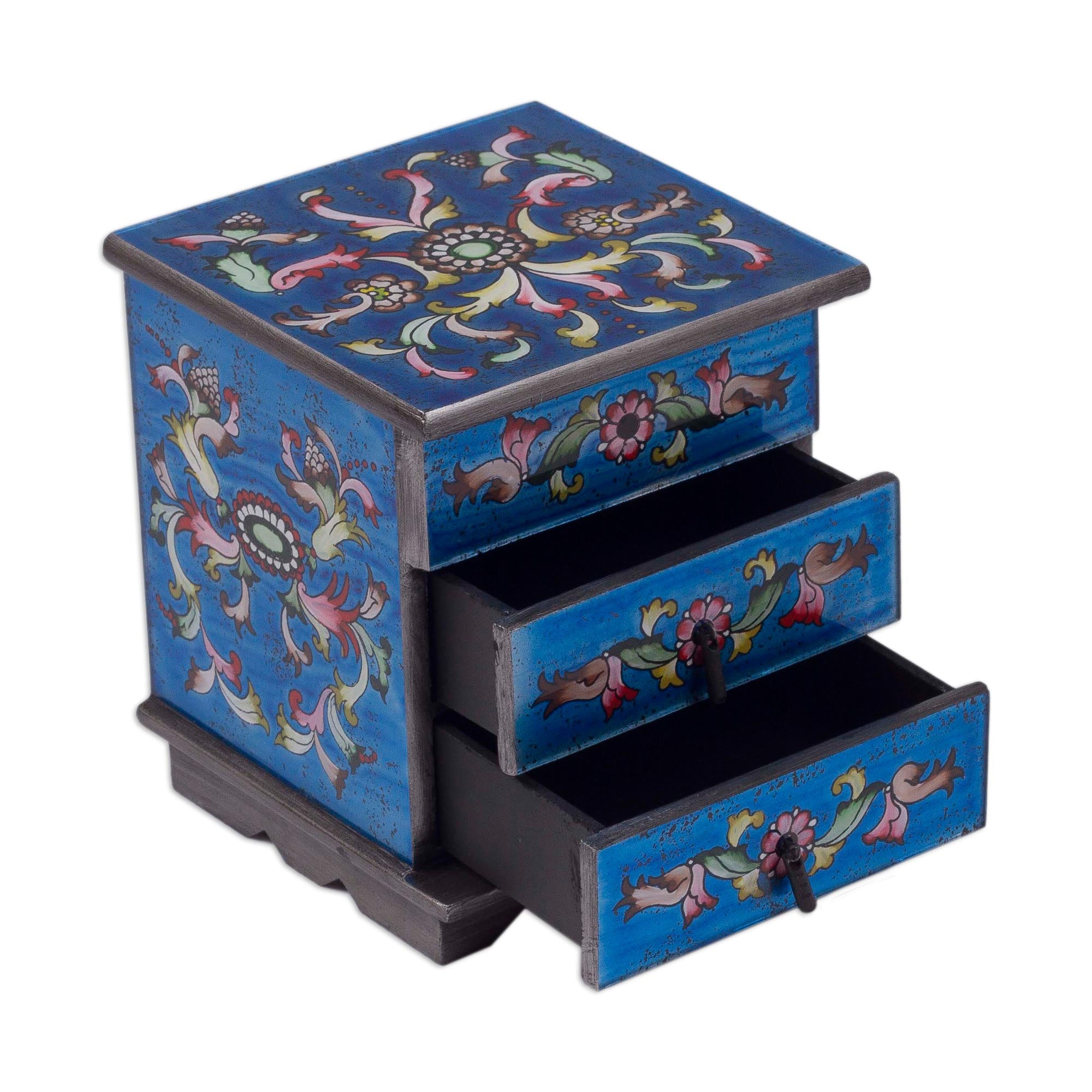 Premium Celestial Blue Hand-Painted Glass Jewelry Chest with Mirror