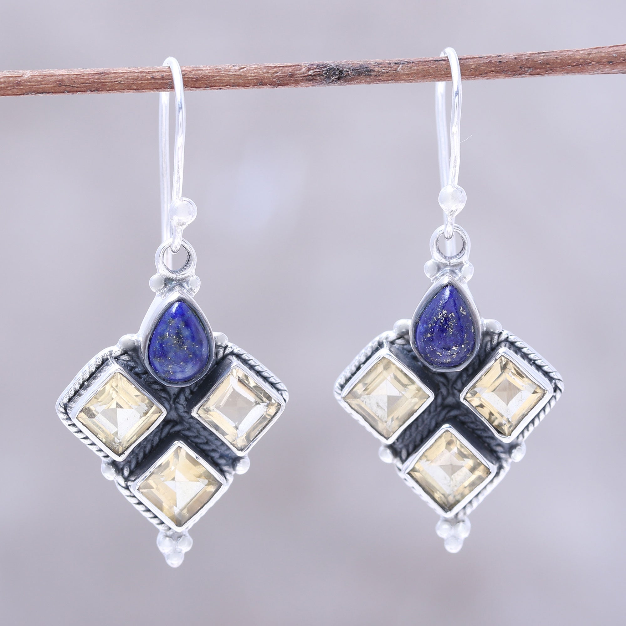 Premium Golden Ocean Dangle Earrings - Handmade Citrine & Lapis Lazuli Jewelry