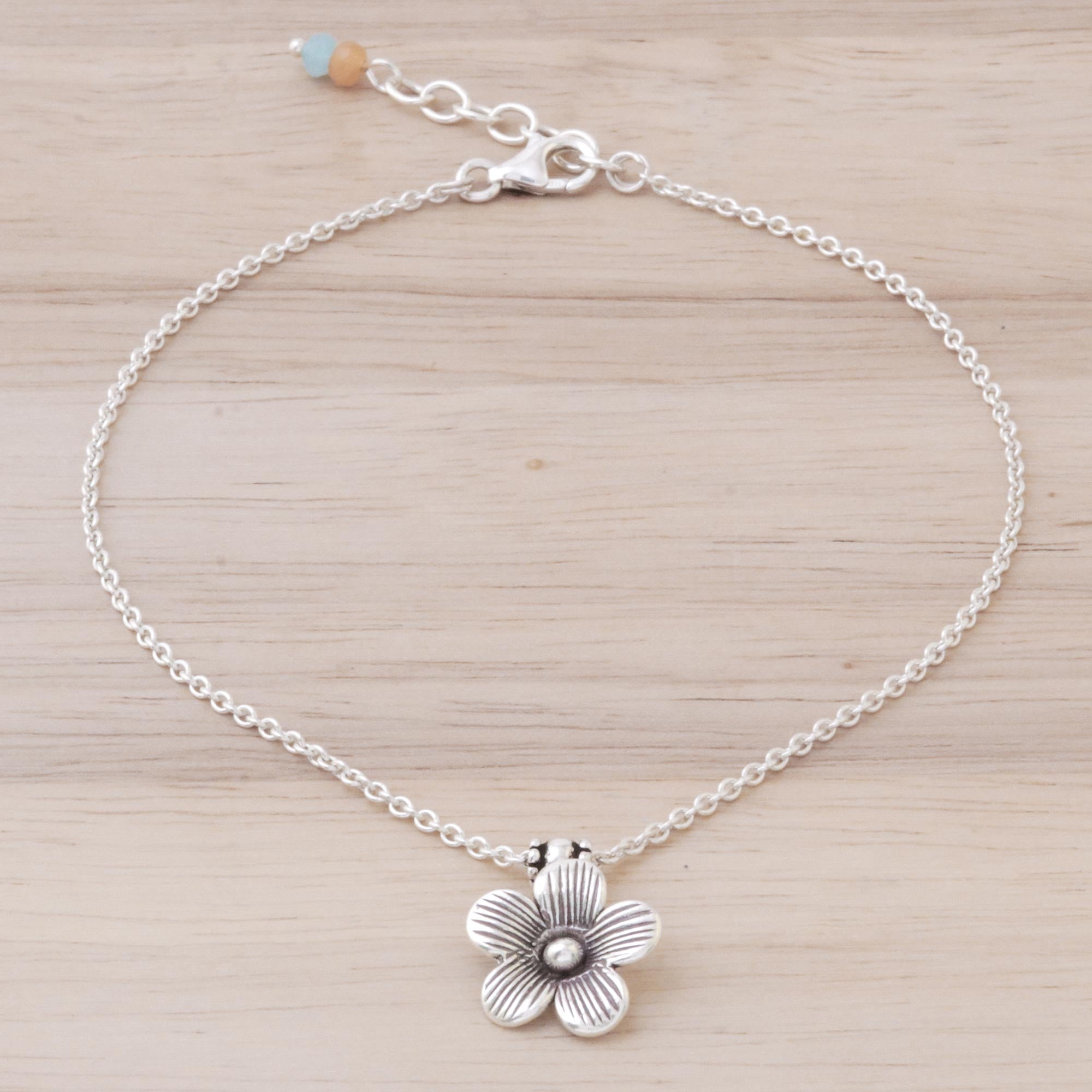 Premium Floral Charm Sterling Silver Anklet - Handmade in Thailand