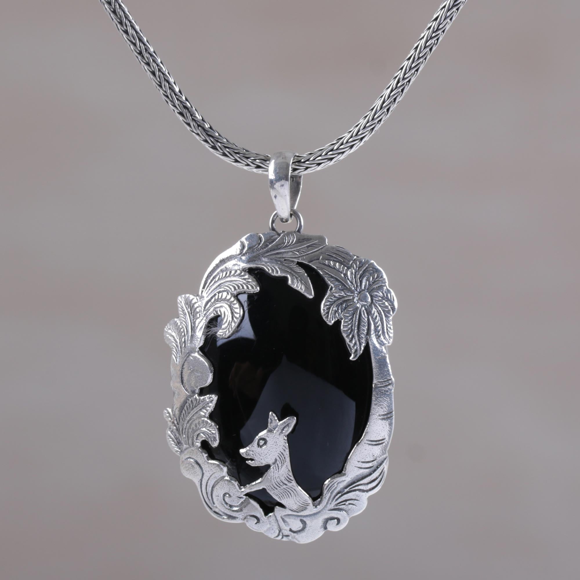 Premium Bali Animal-Themed Sterling Silver & Onyx Pendant Necklace - Wondrous Garden Collection