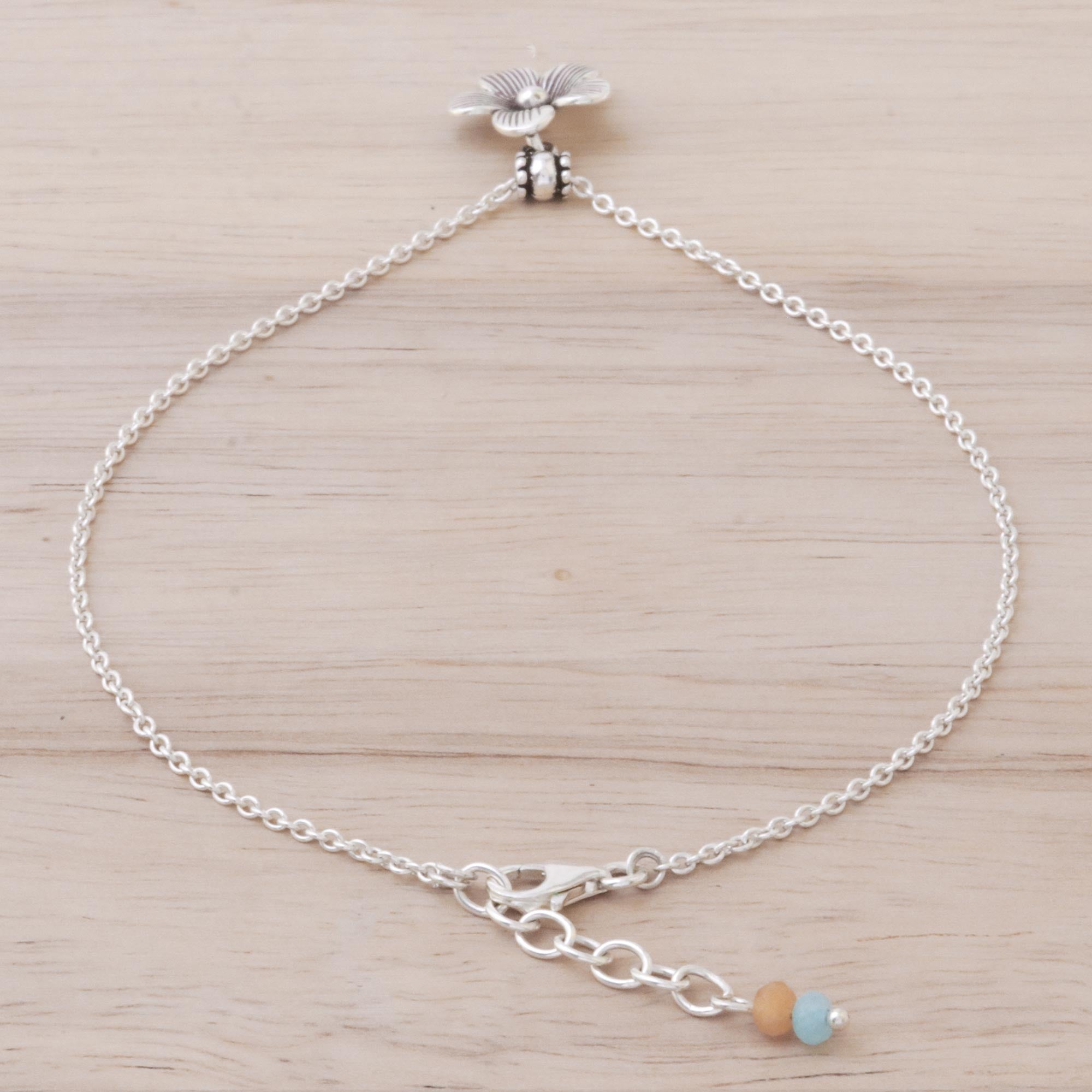 Premium Floral Charm Sterling Silver Anklet - Handmade in Thailand