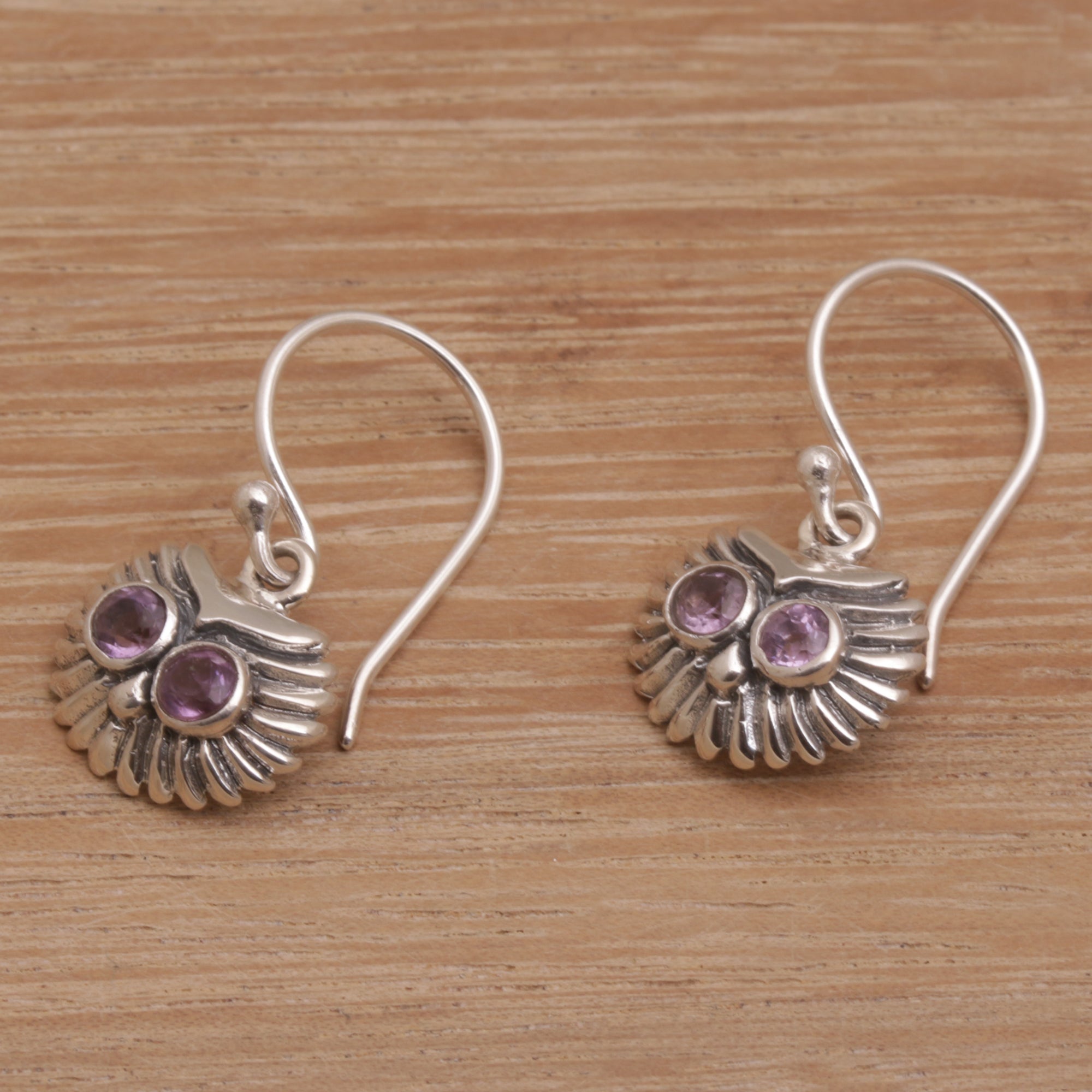 Premium Amethyst Owl Dangle Earrings - Handcrafted Sterling Silver Jewelry from Bali