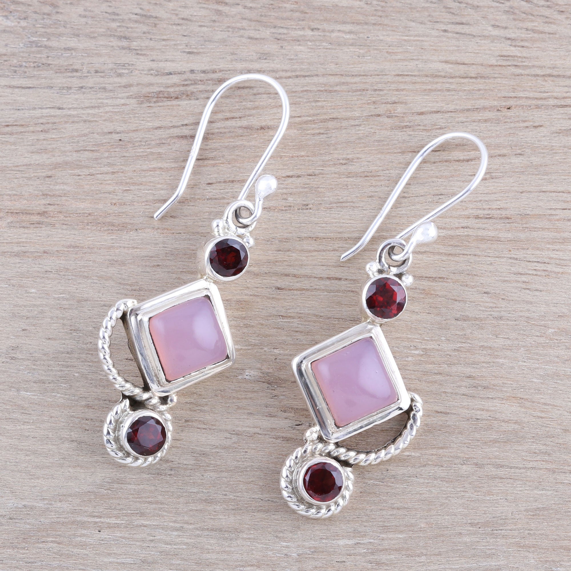 Premium Horizon Garnet & Pink Chalcedony Dangle Earrings - Handcrafted in India