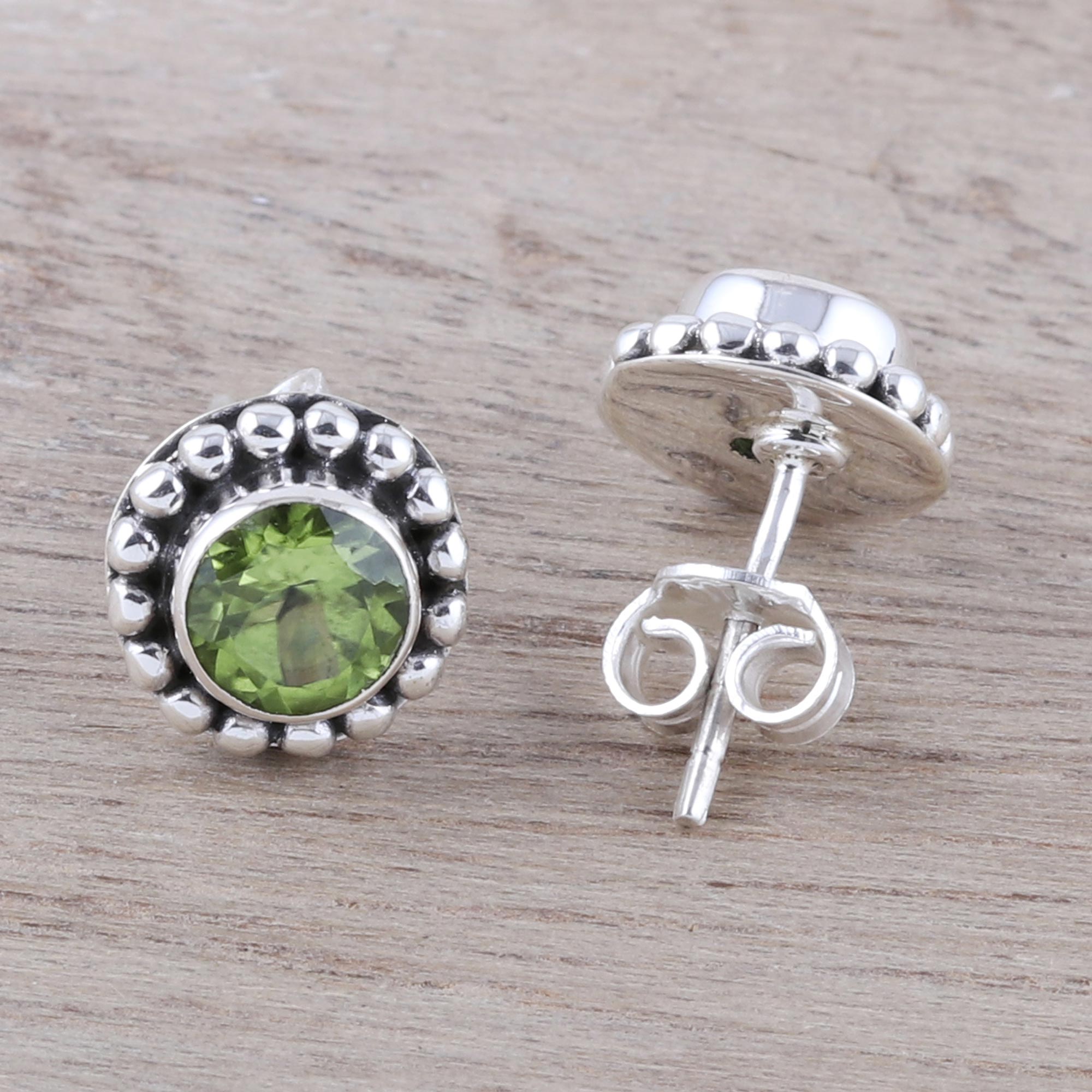 Premium Round Peridot Sterling Silver Dot Stud Earrings – Handcrafted Elegance