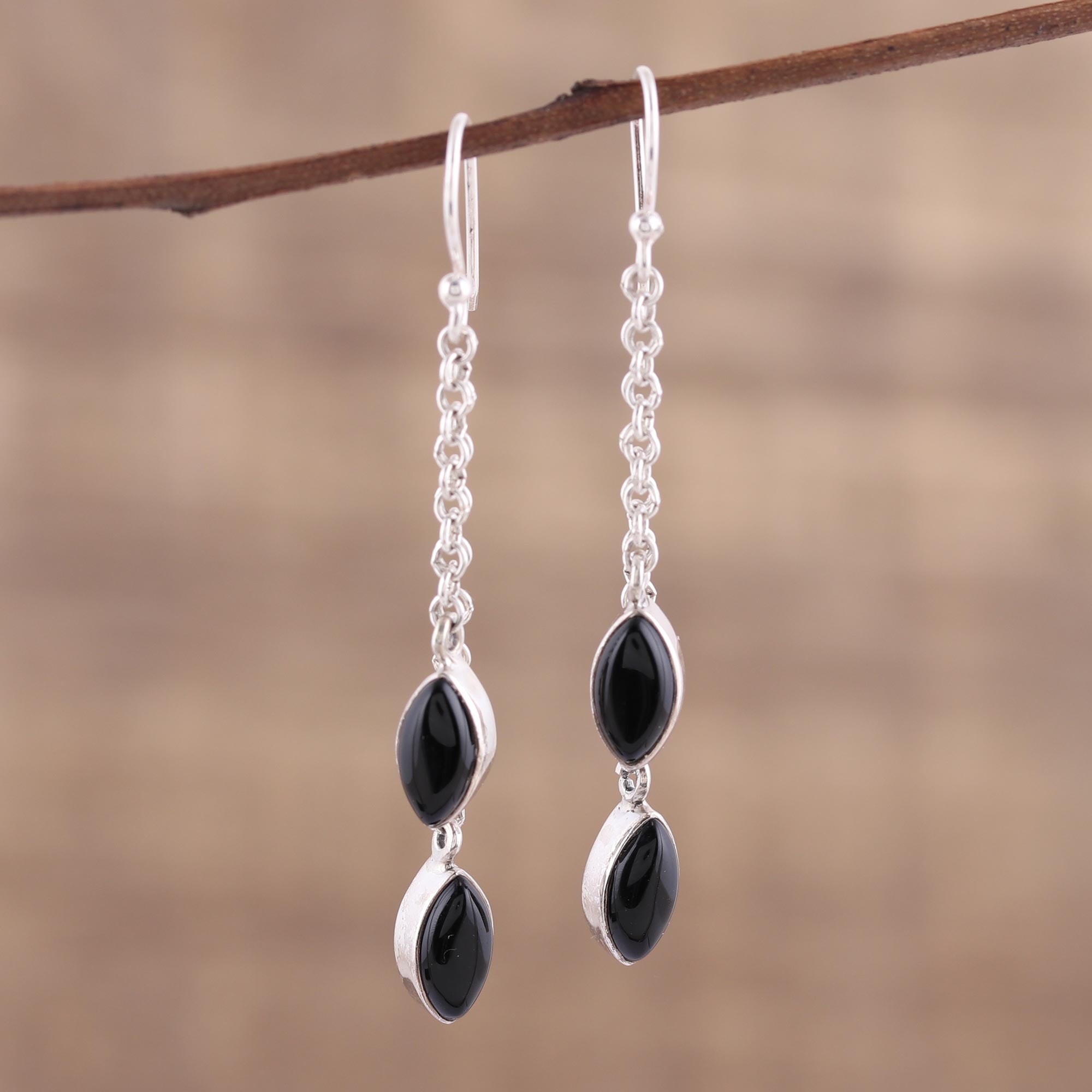 Premium Midnight Onyx and Sterling Silver Dangle Earrings - Handcrafted in India