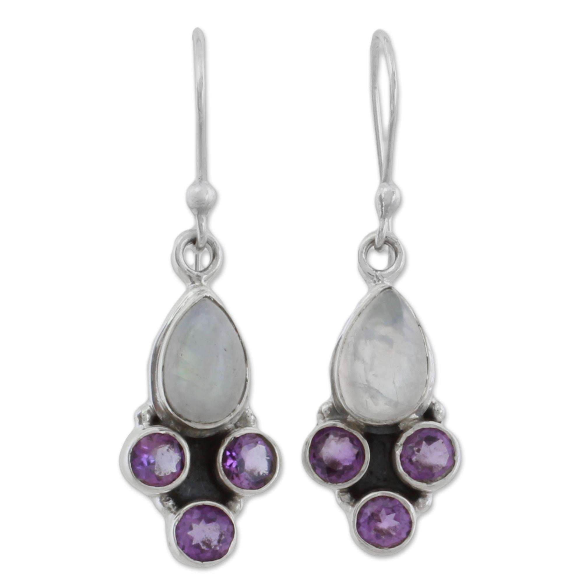 Premium Purple Rainbow Moonstone & Amethyst Dangle Earrings - Handcrafted Sterling Silver Jewelry from India